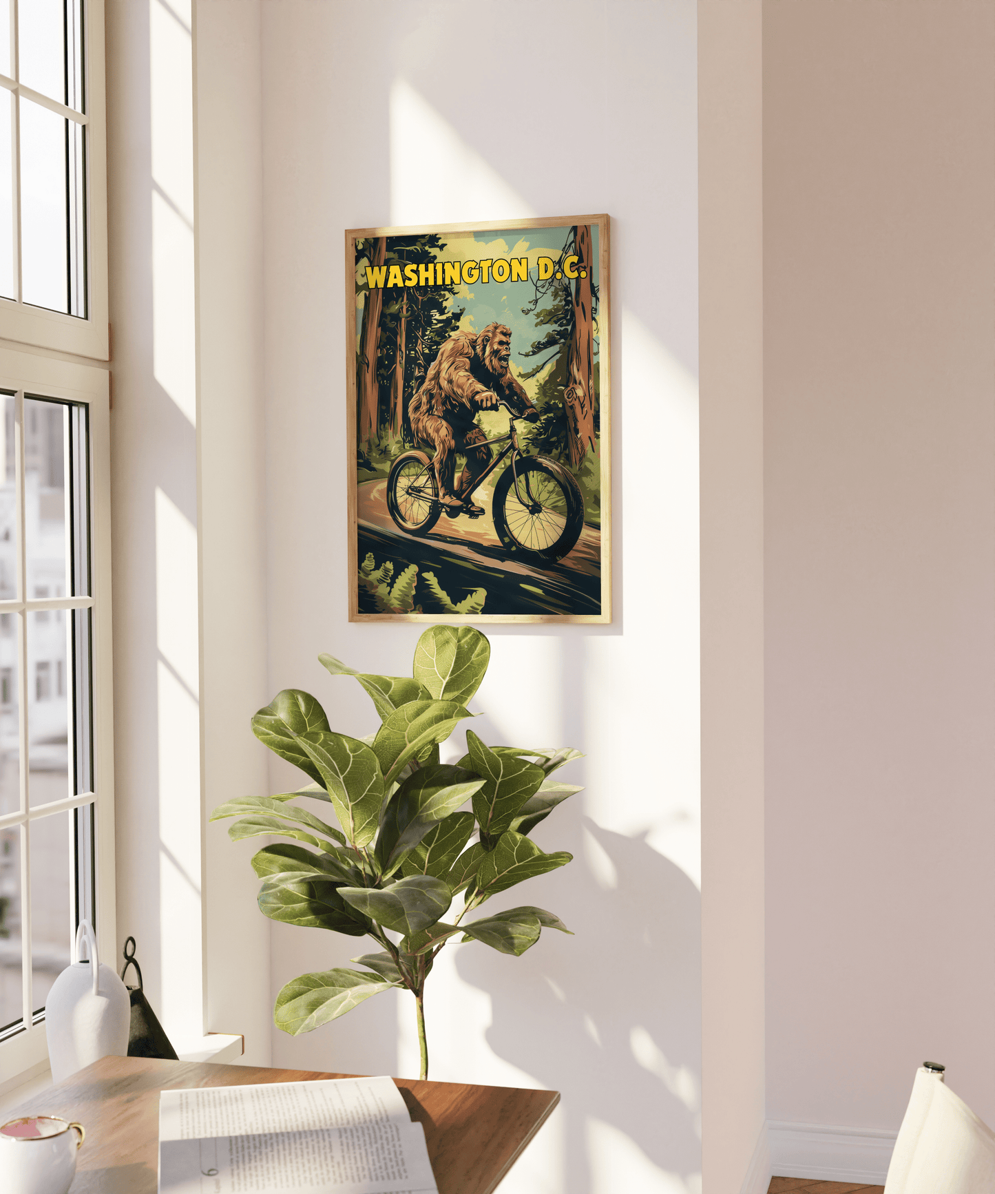 Travel Poster of a Bigfoot riding a bicycle through the forest, titled "Washington DC", on a blank wall - Paw Prints