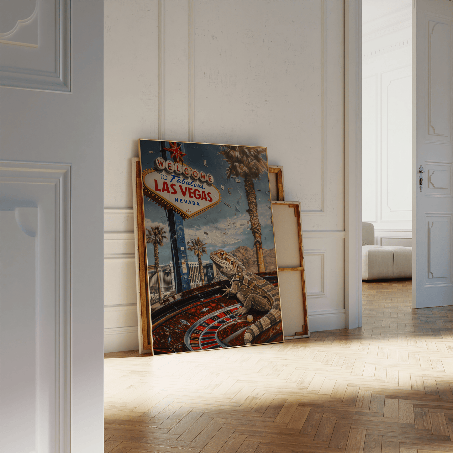 Travel poster of a Lizard on a Roullete Wheel, in front of the "Welcome to Fabulous Las Vegas" sign, leaning against a white bathroom wall - Paw Prints