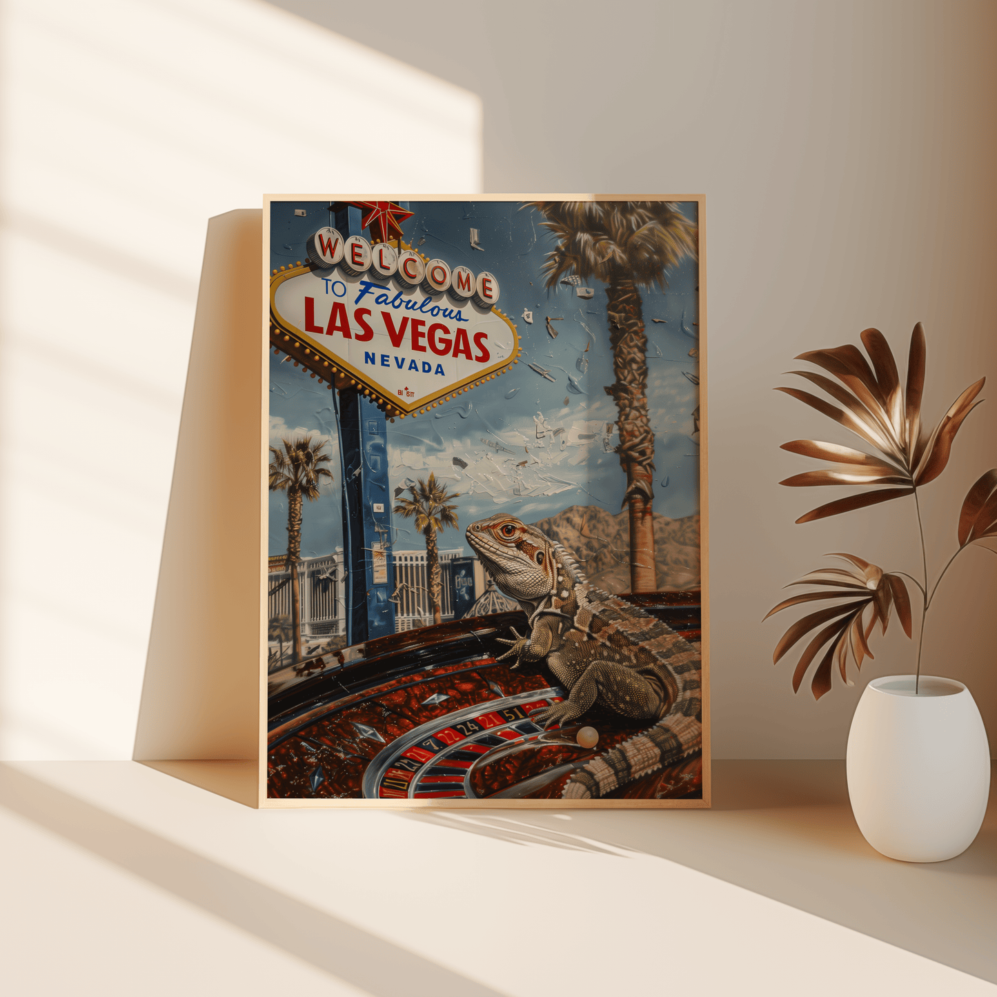 Travel poster of a Lizard on a Roullete Wheel, in front of the "Welcome to Fabulous Las Vegas" sign, leaning against the bedroom floor - Paw Prints