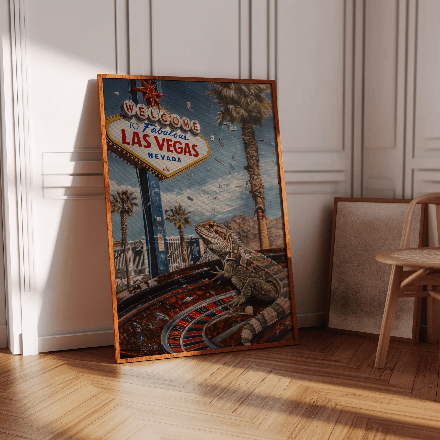 Travel poster of a Lizard on a Roulette Wheel, in front of the "Welcome to Fabulous Las Vegas" sign, in a hallway - Paw Prints