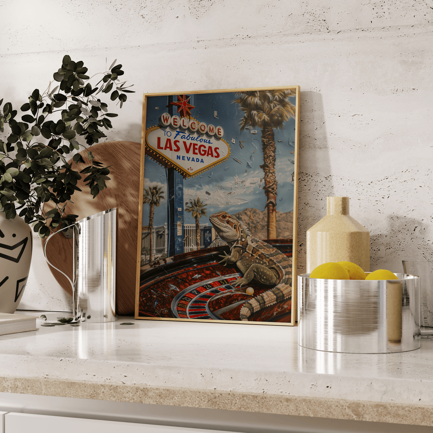 Travel poster of a Lizard on a Roullete Wheel, in front of the "Welcome to Fabulous Las Vegas" sign, leaning against the kitchen counter - Paw Prints