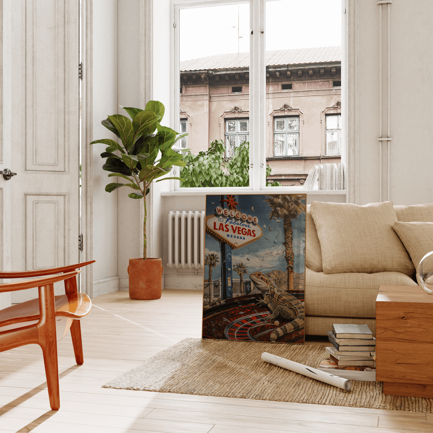 Travel poster of a Lizard on a Roullete Wheel, in front of the "Welcome to Fabulous Las Vegas" sign, leaning against the living room couch - Paw Prints