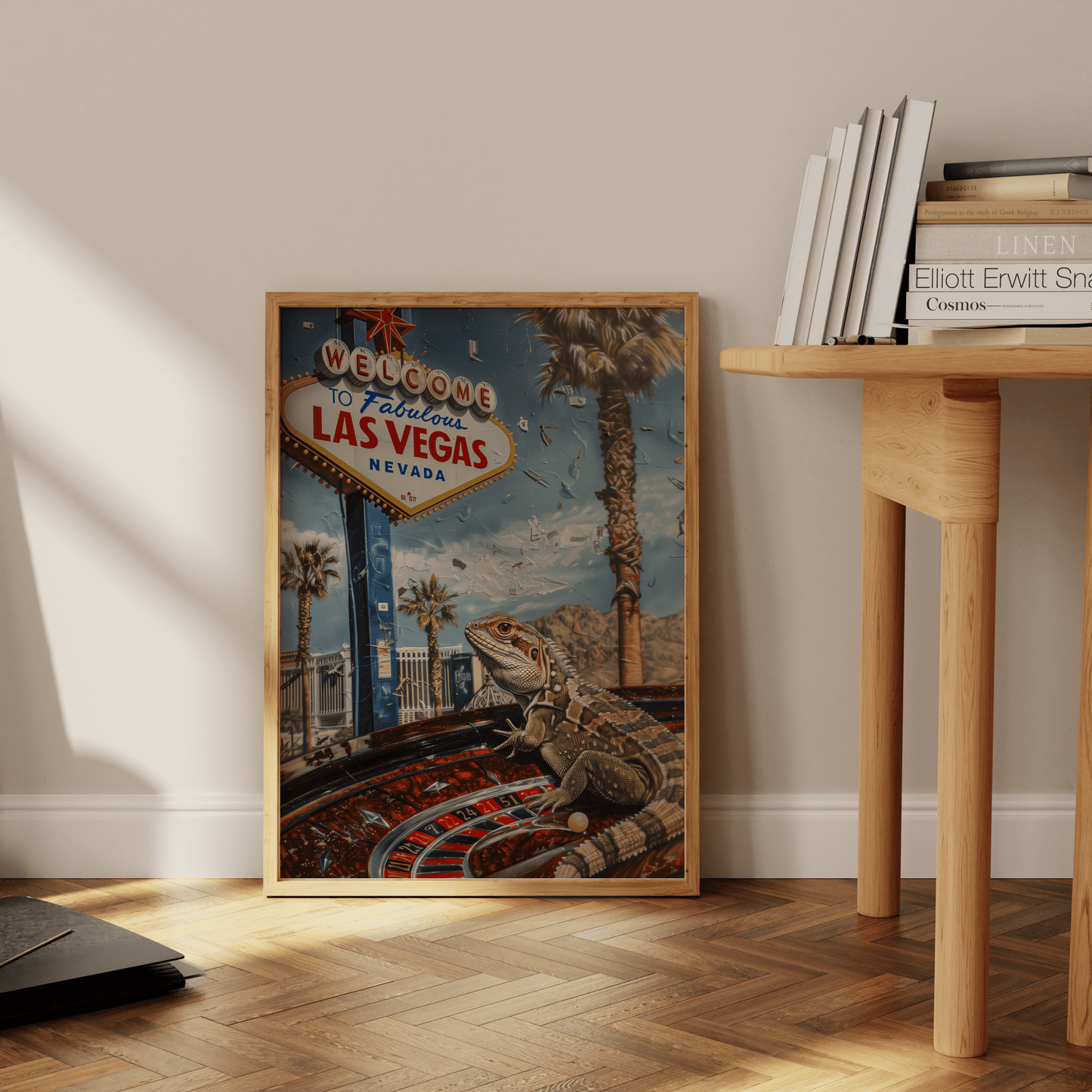 Travel poster of a Lizard on a Roullete Wheel, in front of the "Welcome to Fabulous Las Vegas" sign, leaning against the office wall - Paw Prints