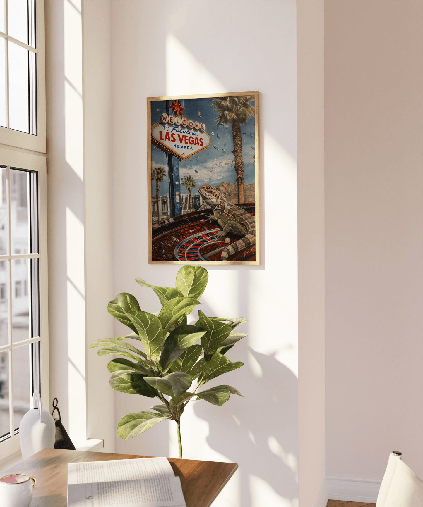 Travel poster of a Lizard on a Roullete Wheel, in front of the "Welcome to Fabulous Las Vegas" sign, on a blank wall - Paw Prints