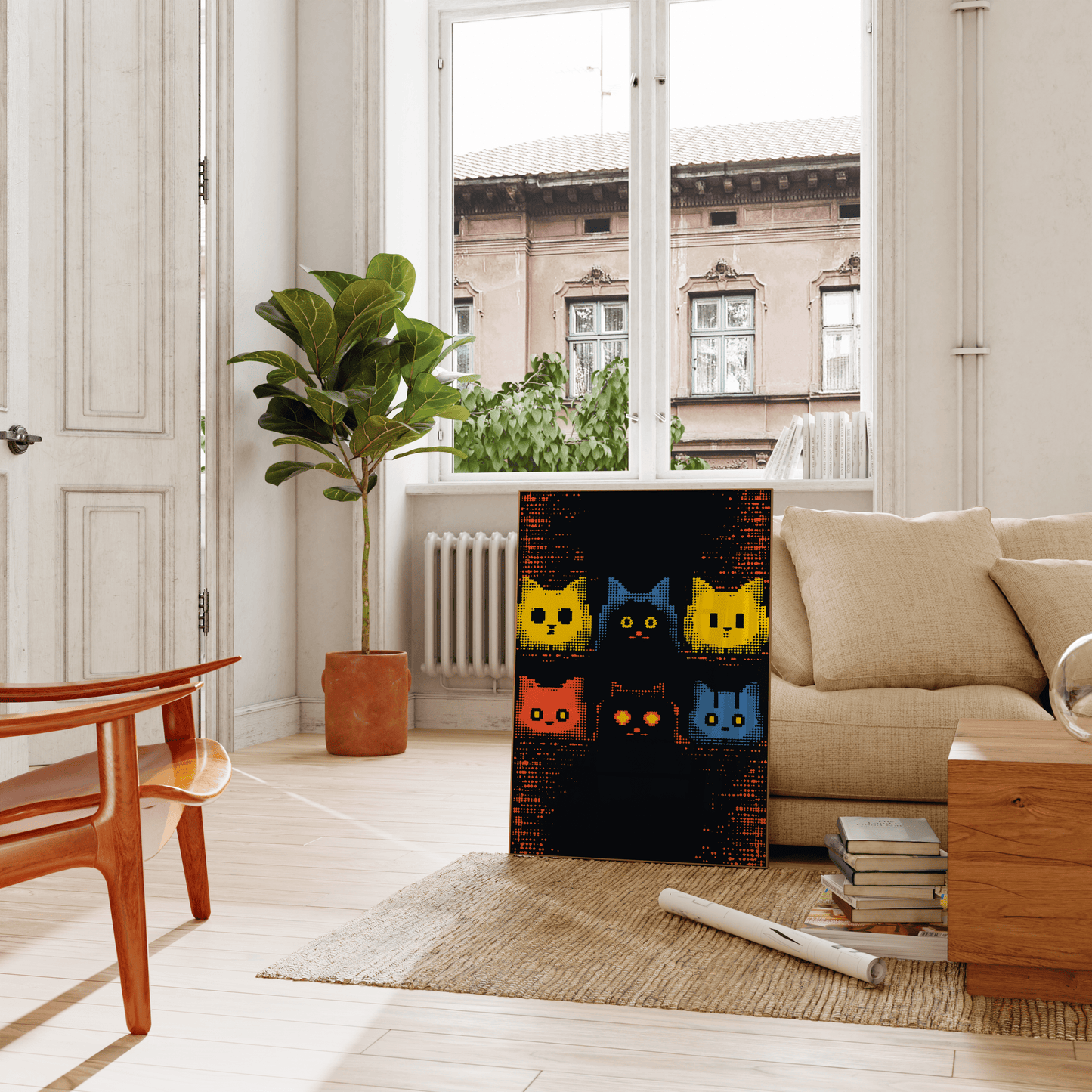 Retro 8-bit pixel art of 6 cats in the style of 1990s video games, leaning against the living room couch - Paw Prints