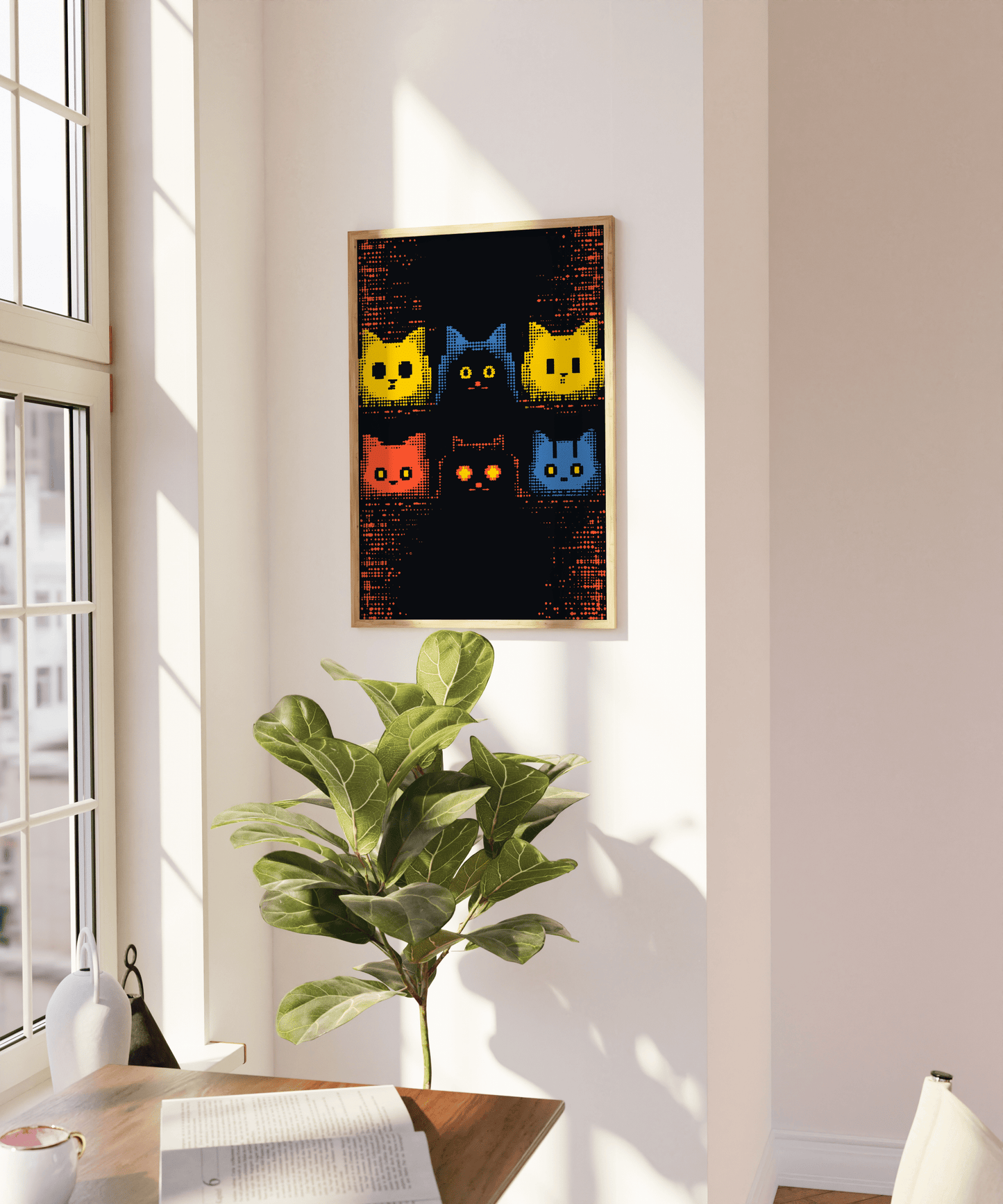 Retro 8-bit pixel art of 6 cats in the style of 1990s video games, on a blank wall - Paw Prints
