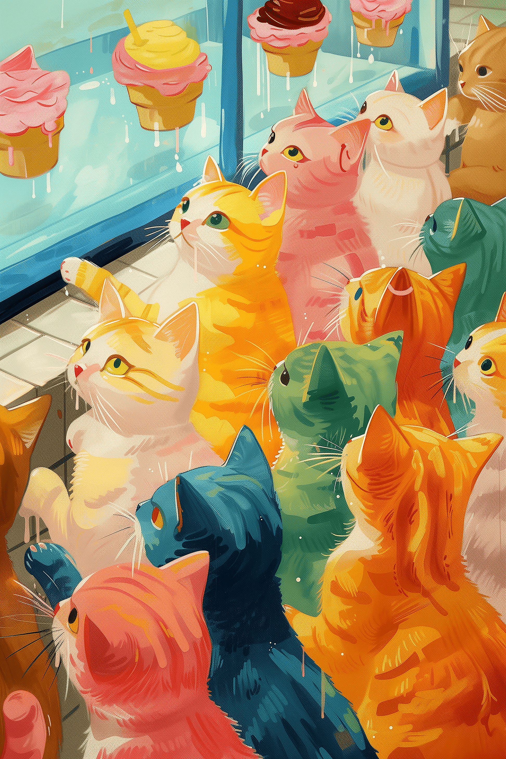 Retro painting of various colored cats window shopping for cupcakes - Paw Prints