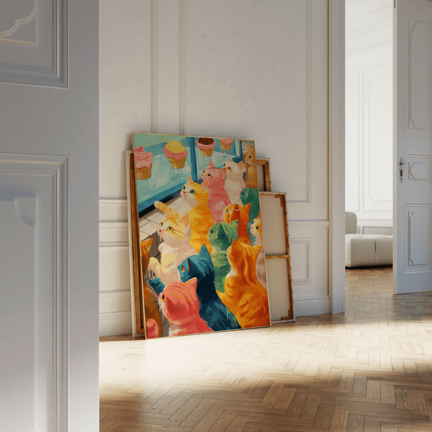 Retro painting of various colored cats window shopping for cupcakes, leaning against a white bathroom wall - Paw Prints