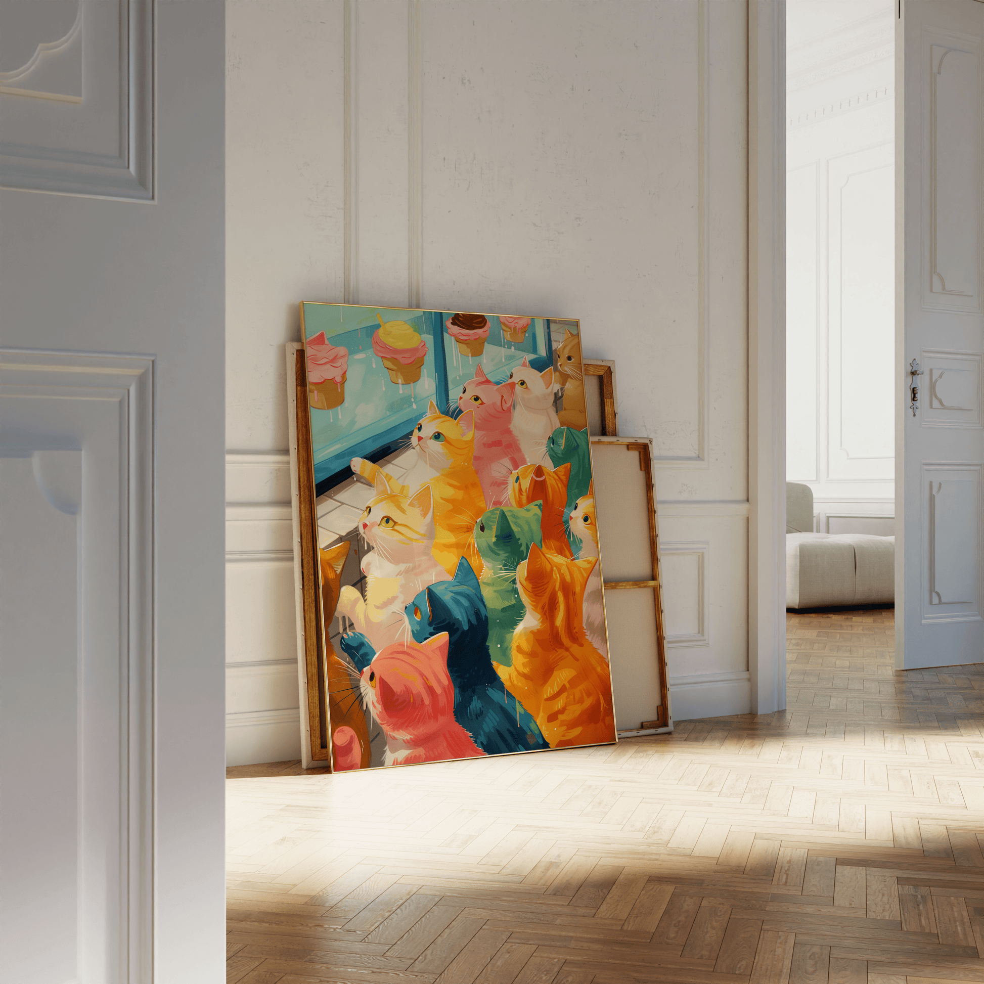 Retro painting of various colored cats window shopping for cupcakes, leaning against a white bathroom wall - Paw Prints