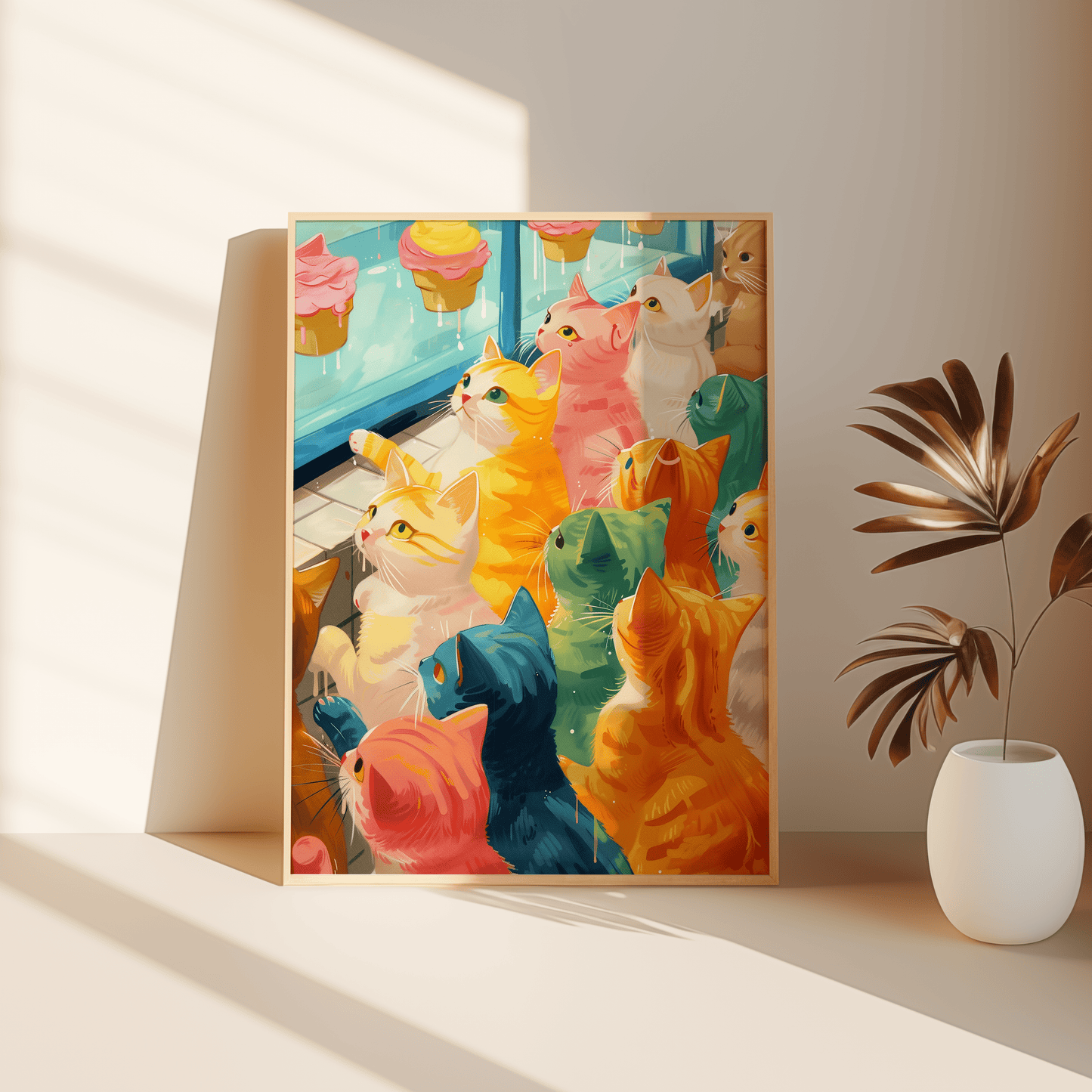 Retro painting of various colored cats window shopping for cupcakes, leaning against the bedroom floor - Paw Prints