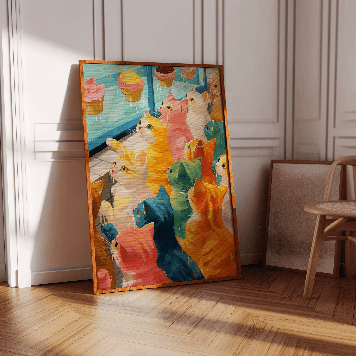 Retro painting of various colored cats window shopping for cupcakes, in a hallway - Paw Prints