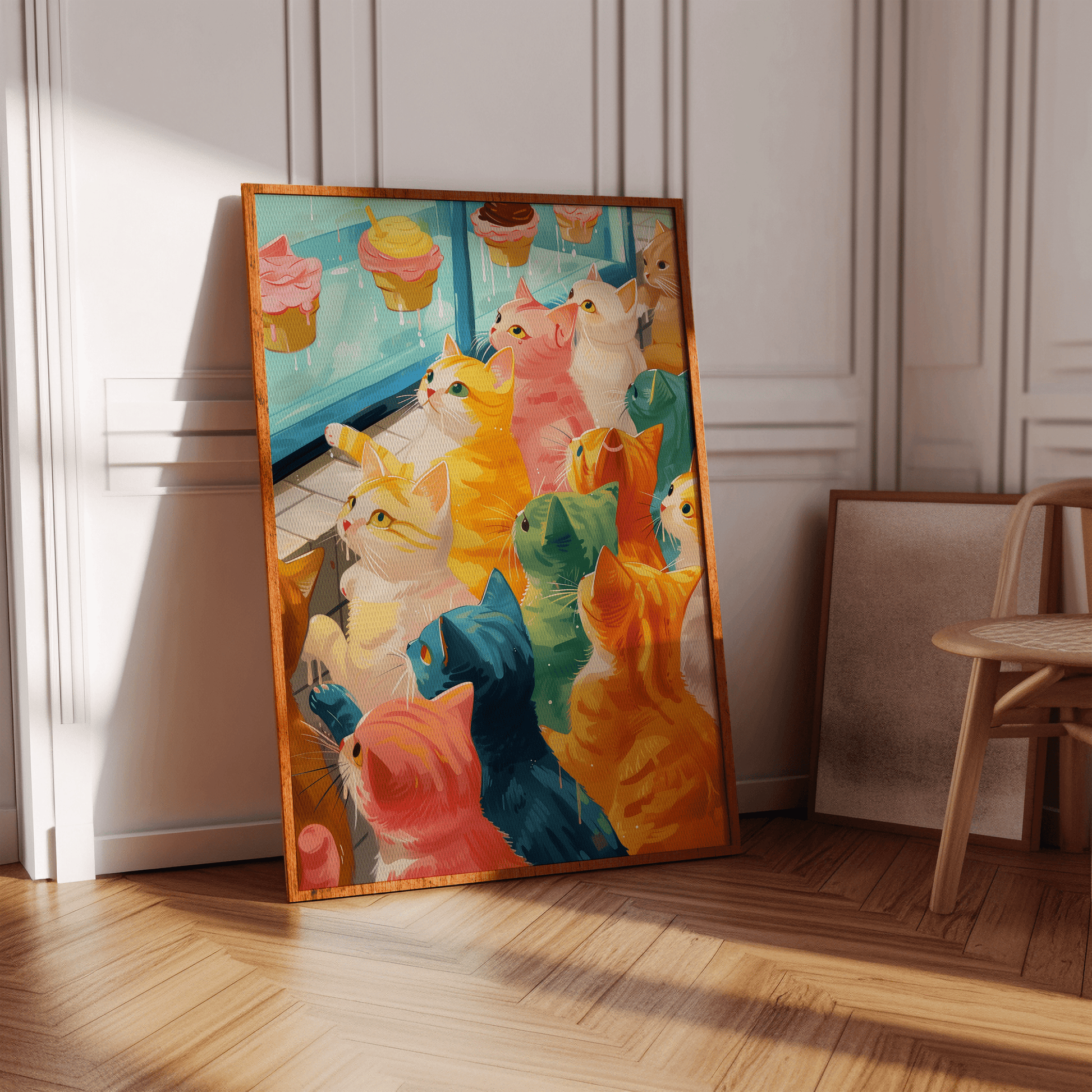 Retro painting of various colored cats window shopping for cupcakes, in a hallway - Paw Prints