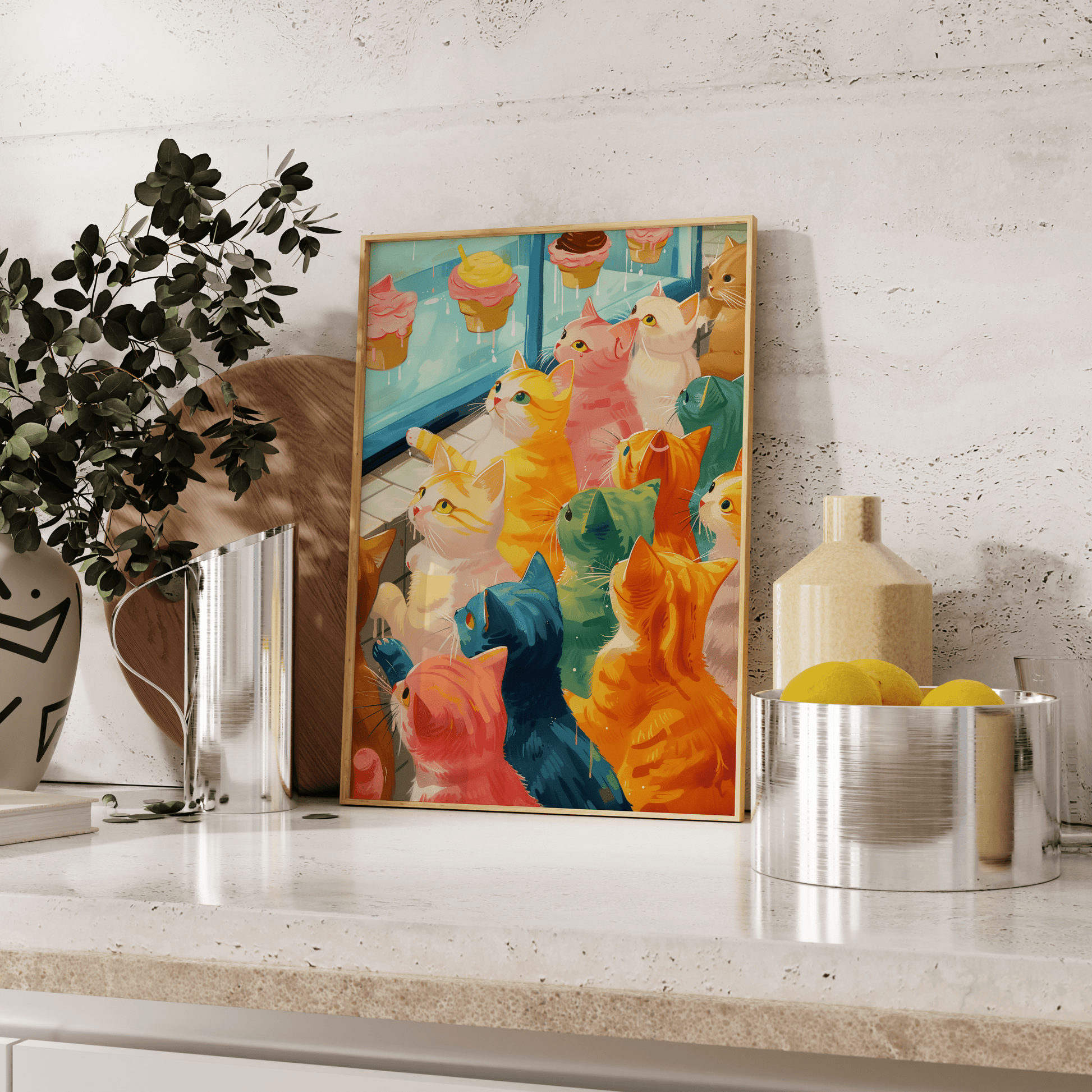 Retro painting of various colored cats window shopping for cupcakes, leaning against the kitchen counter - Paw Prints