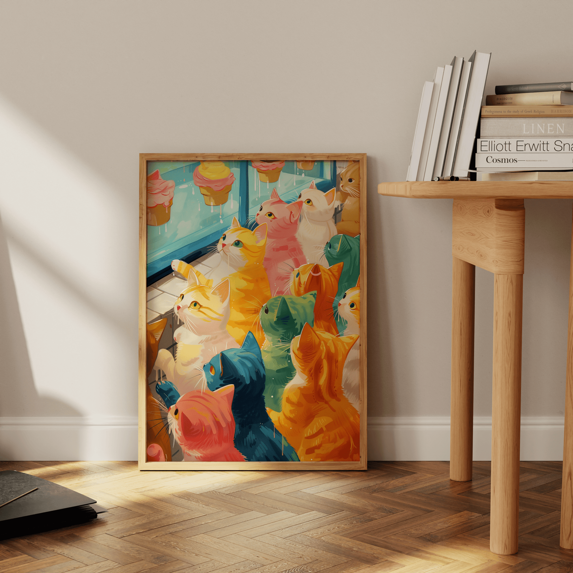 Retro painting of various colored cats window shopping for cupcakes, leaning against the office wall - Paw Prints