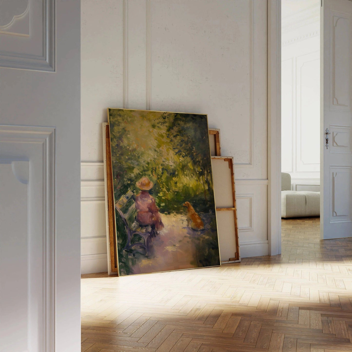 Impressionist painting of a woman and a dog, the dog is looking at the women with love and loyalty, leaning against a white bathroom wall - Paw Prints