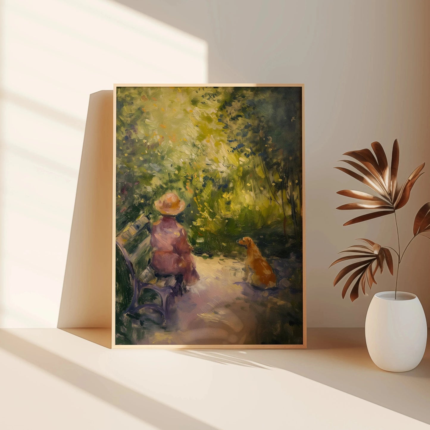 Impressionist painting of a woman and a dog, the dog is looking at the women with love and loyalty, leaning against the bedroom floor - Paw Prints