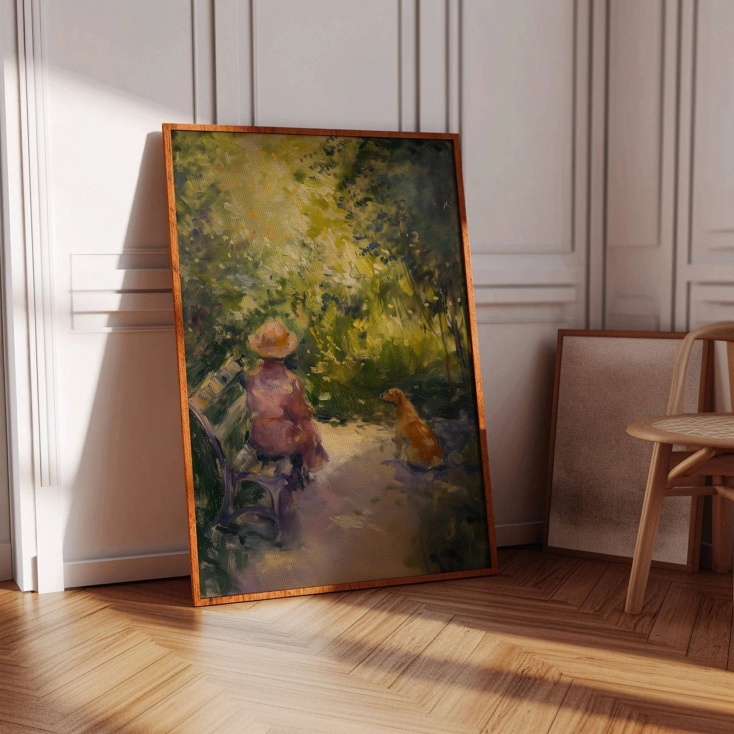 Impressionist painting of a woman and a dog, the dog is looking at the women with love and loyalty, in a hallway - Paw Prints