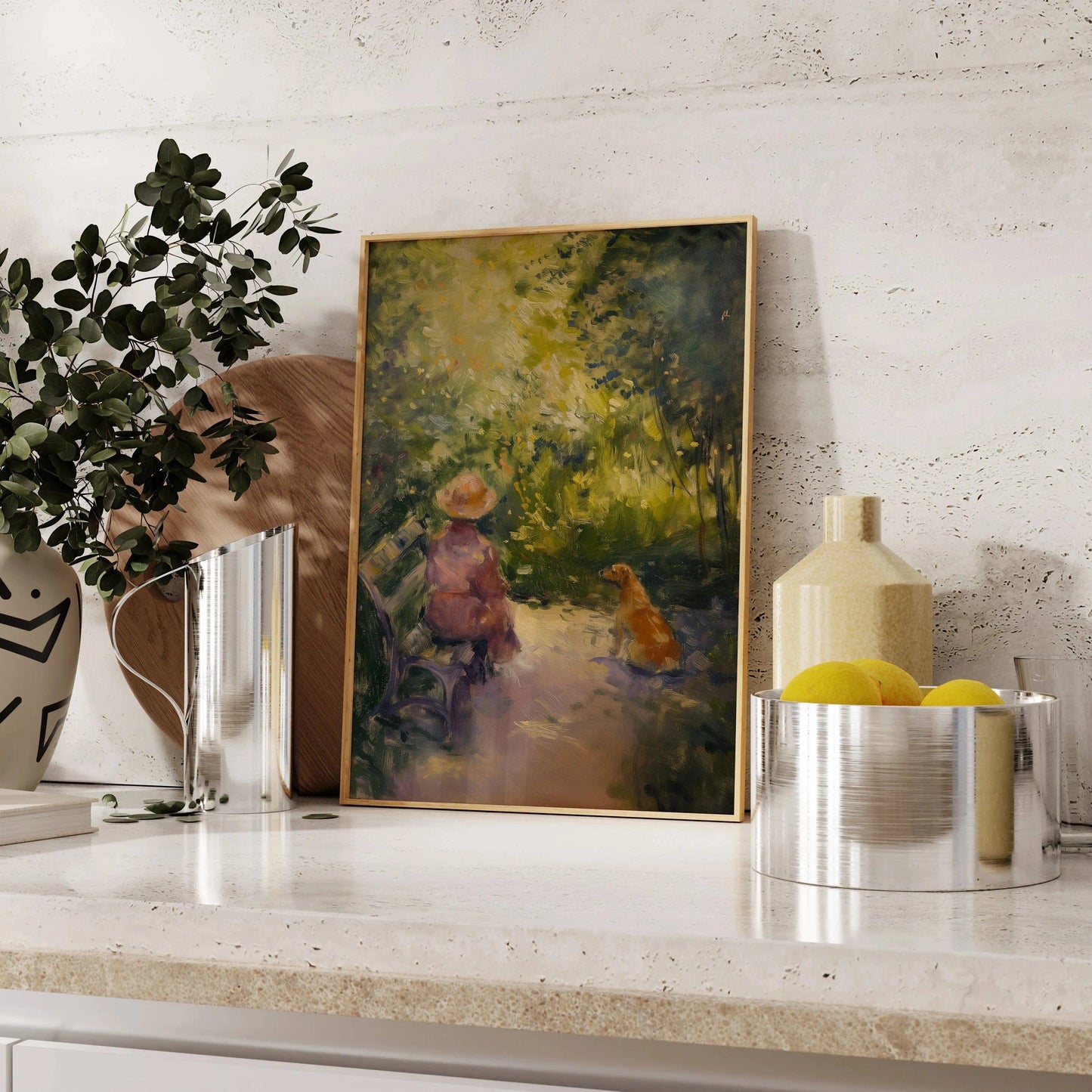 Impressionist painting of a woman and a dog, the dog is looking at the women with love and loyalty, leaning against the kitchen counter - Paw Prints