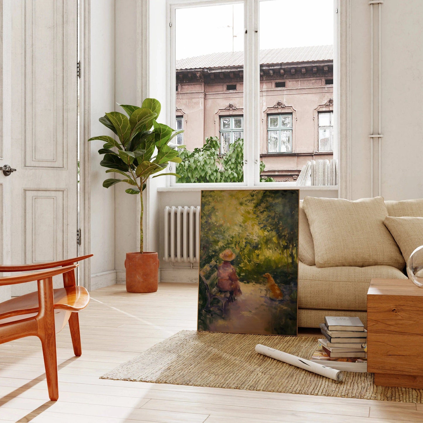 Impressionist painting of a woman and a dog, the dog is looking at the women with love and loyalty, leaning against the living room couch - Paw Prints