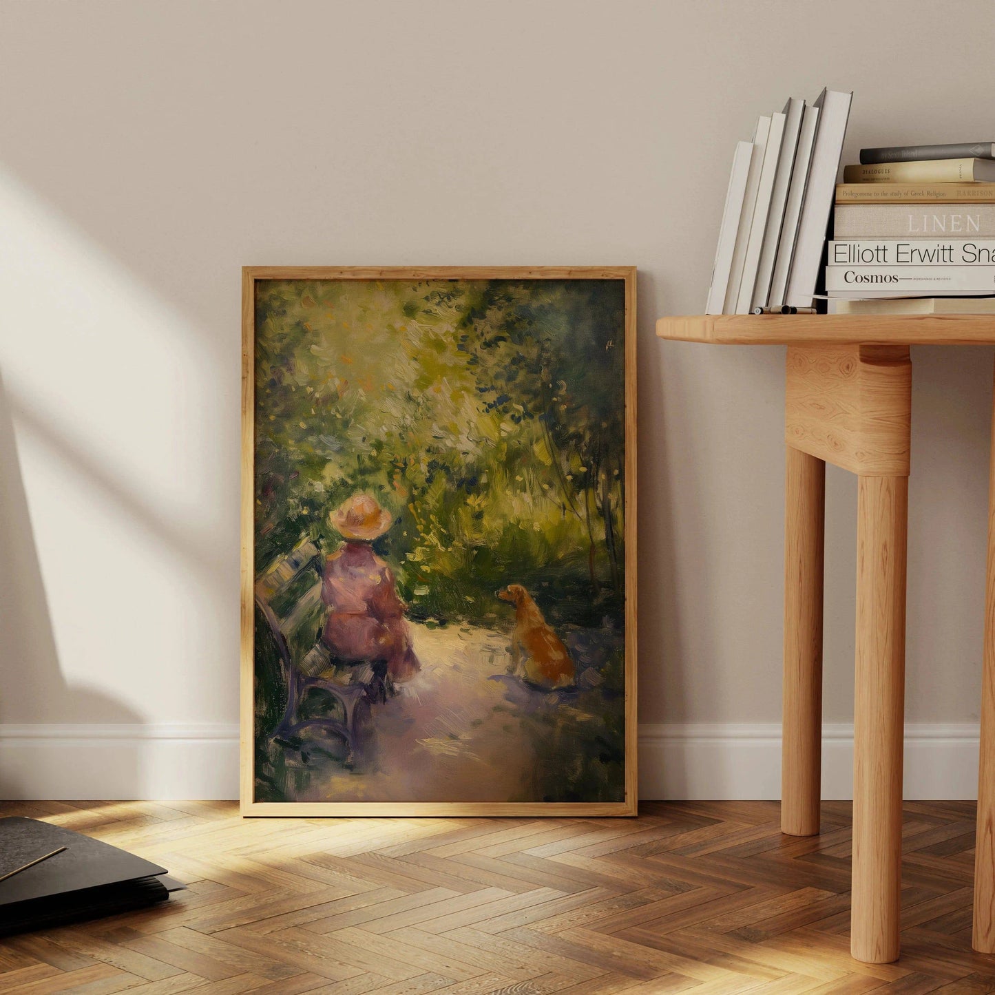 Impressionist painting of a woman and a dog, the dog is looking at the women with love and loyalty, leaning against the office wall - Paw Prints