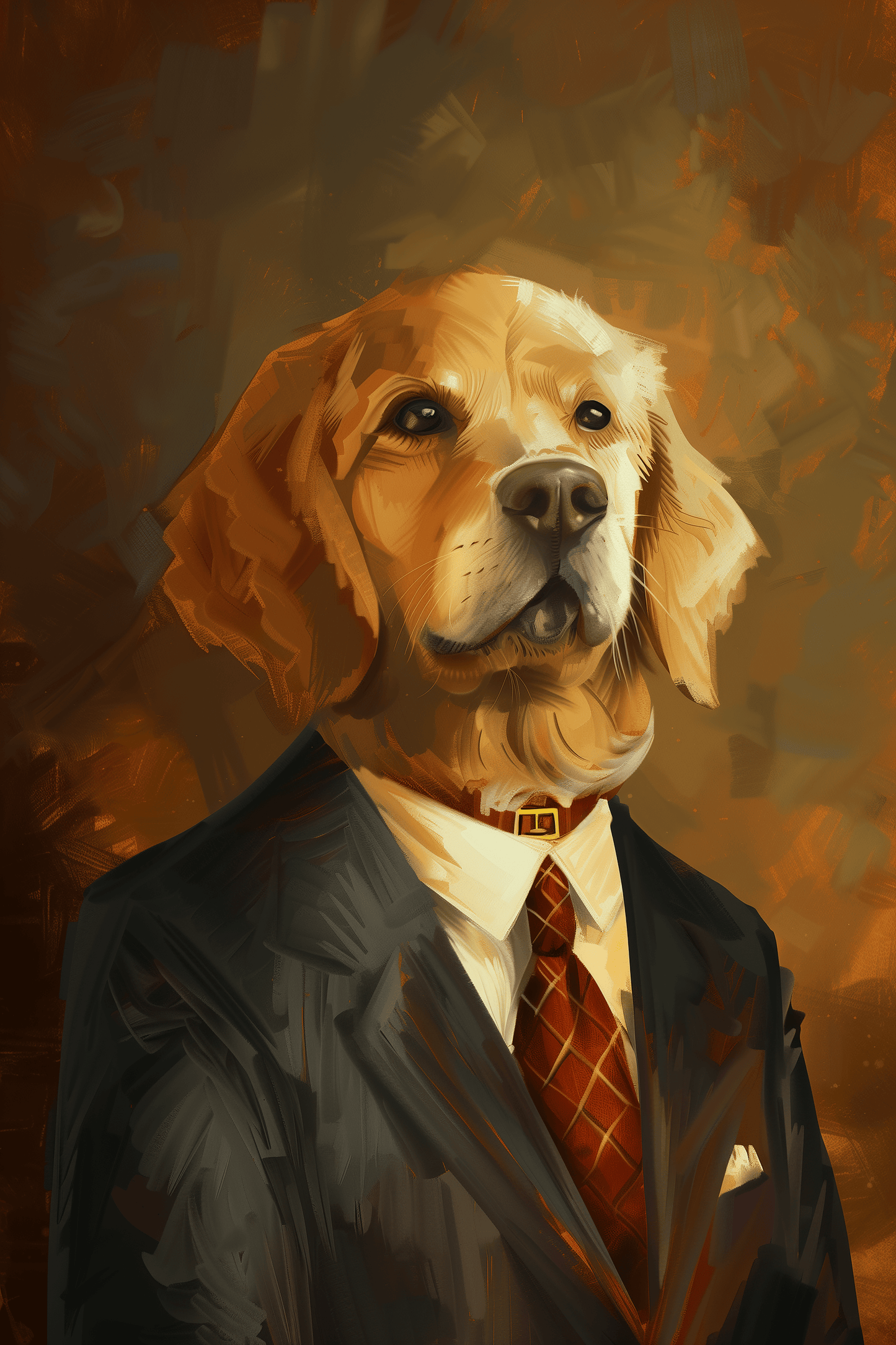 Painting of a golden retriever wearing a suit and tie - Paw Prints