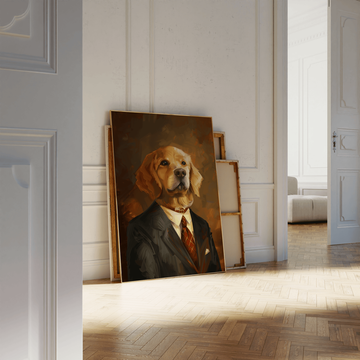 Painting of a golden retriever wearing a suit and tie, leaning against a white bathroom wall - Paw Prints