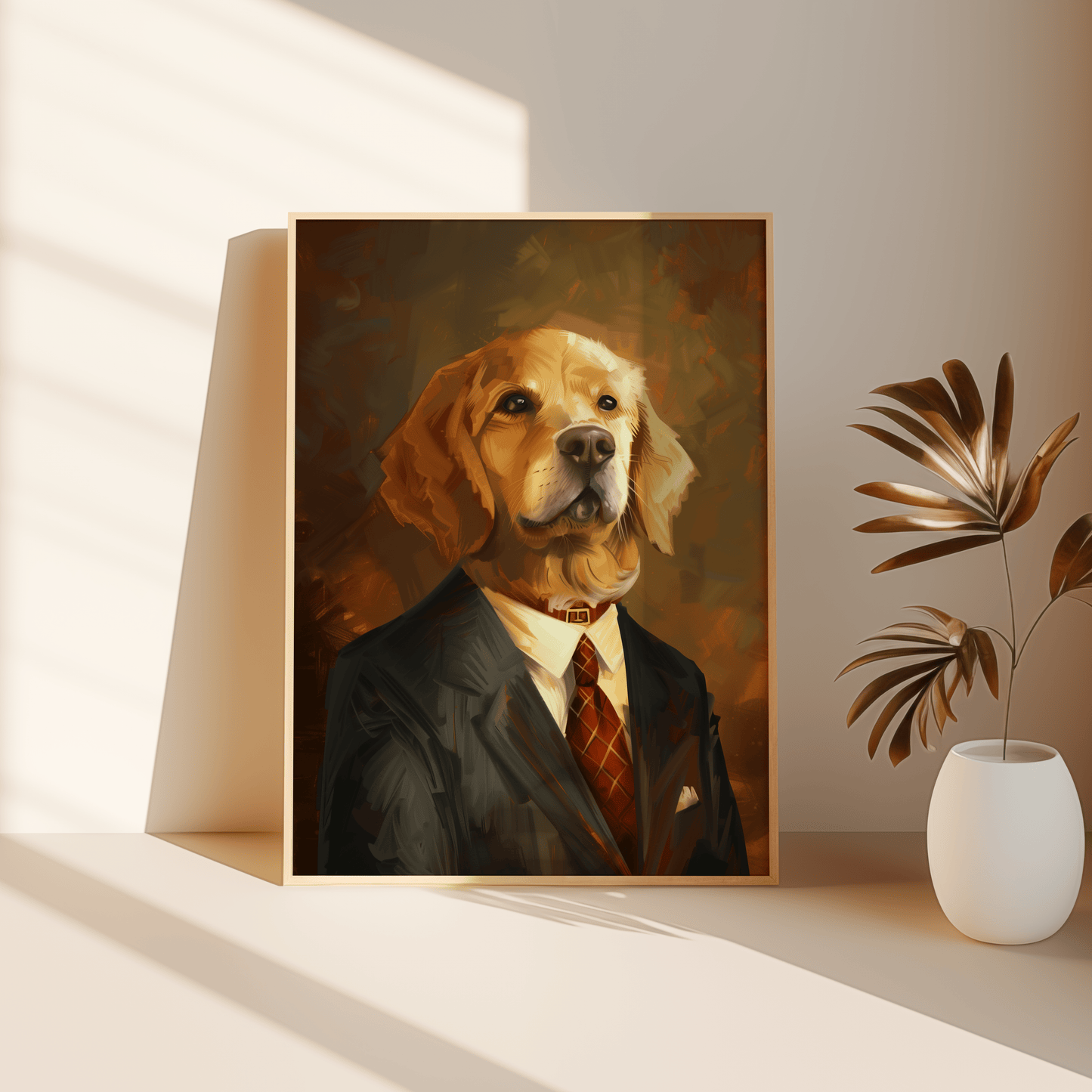 Painting of a golden retriever wearing a suit and tie, leaning against the bedroom floor - Paw Prints