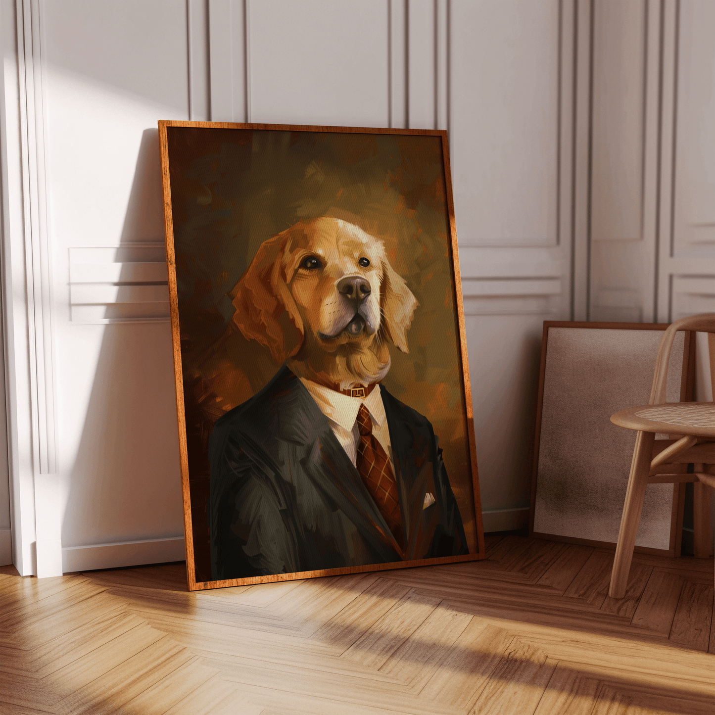 Painting of a golden retriever wearing a suit and tie, in a hallway - Paw Prints
