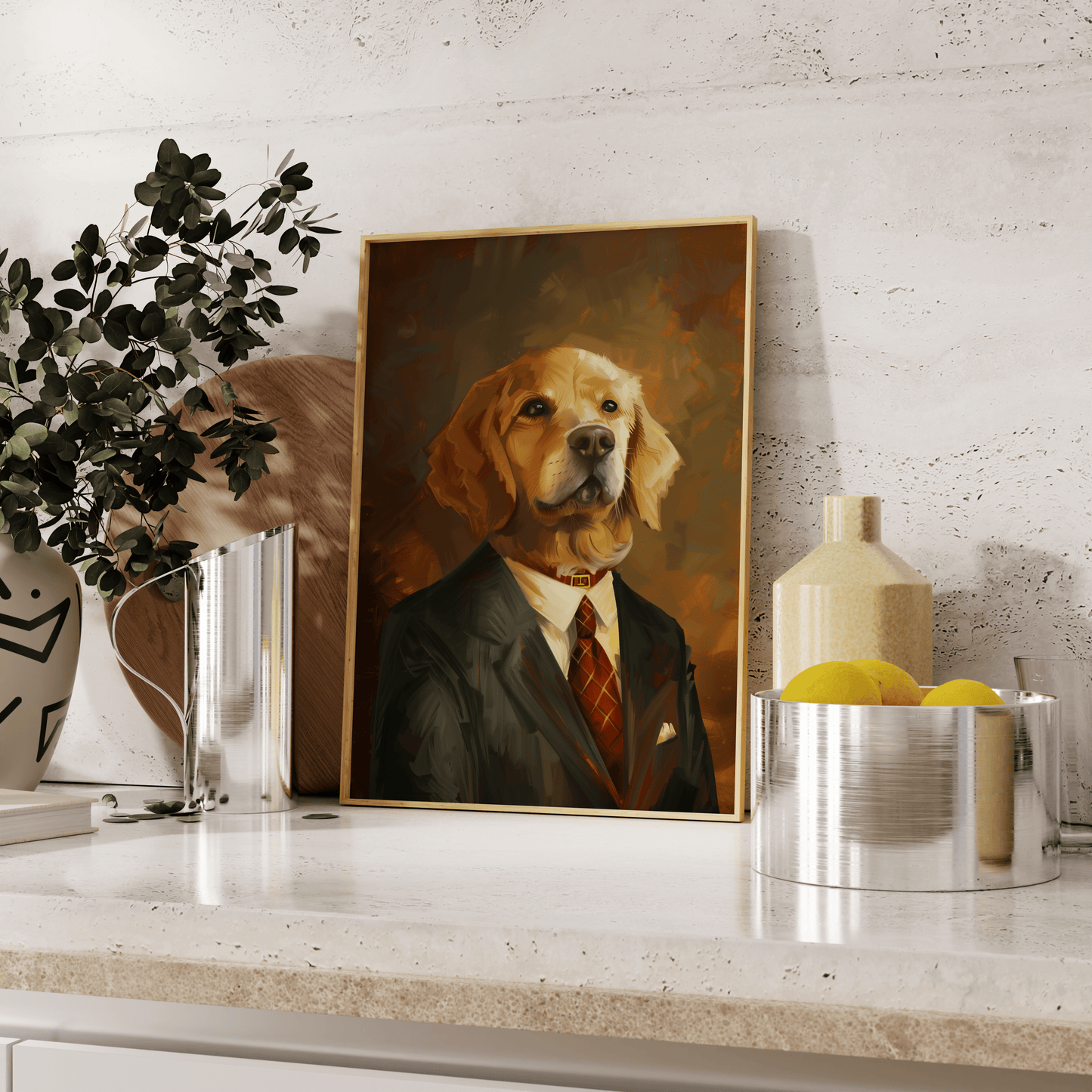 Painting of a golden retriever wearing a suit and tie, leaning against the kitchen counter - Paw Prints