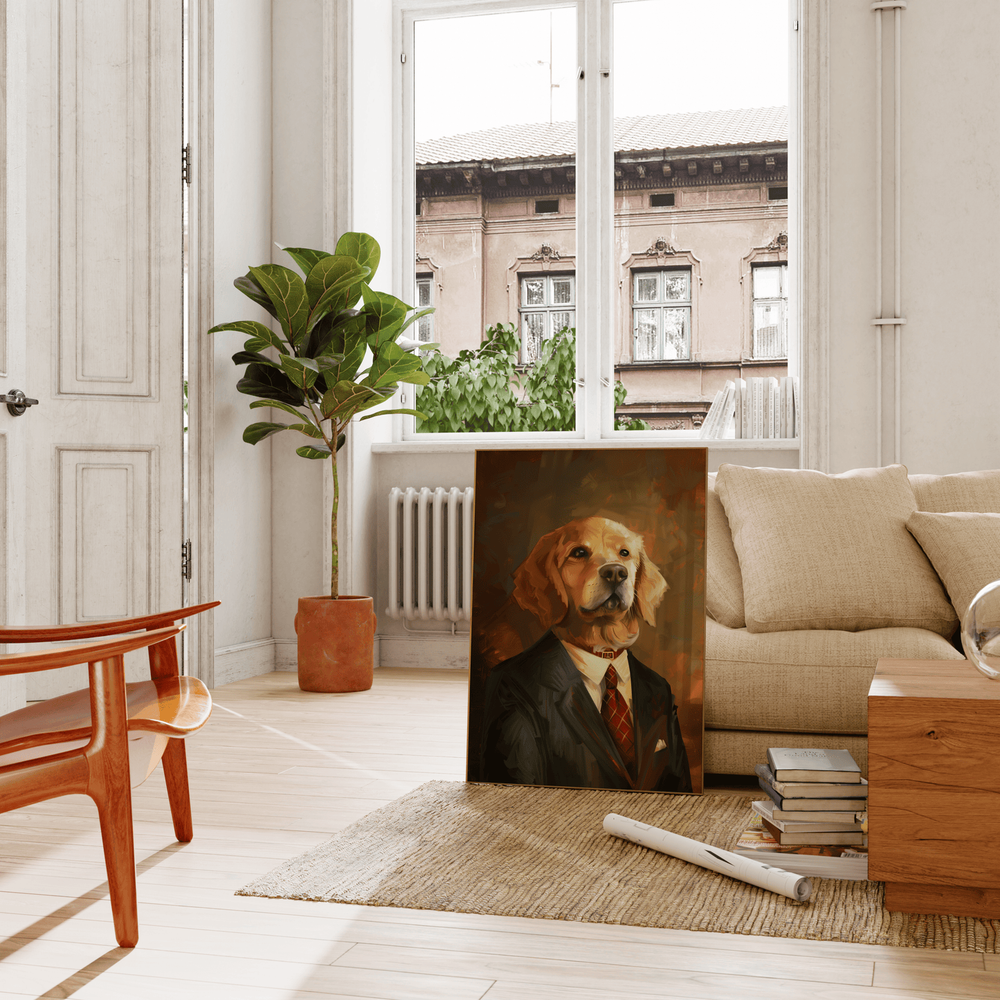 Painting of a golden retriever wearing a suit and tie, leaning against the living room couch - Paw Prints