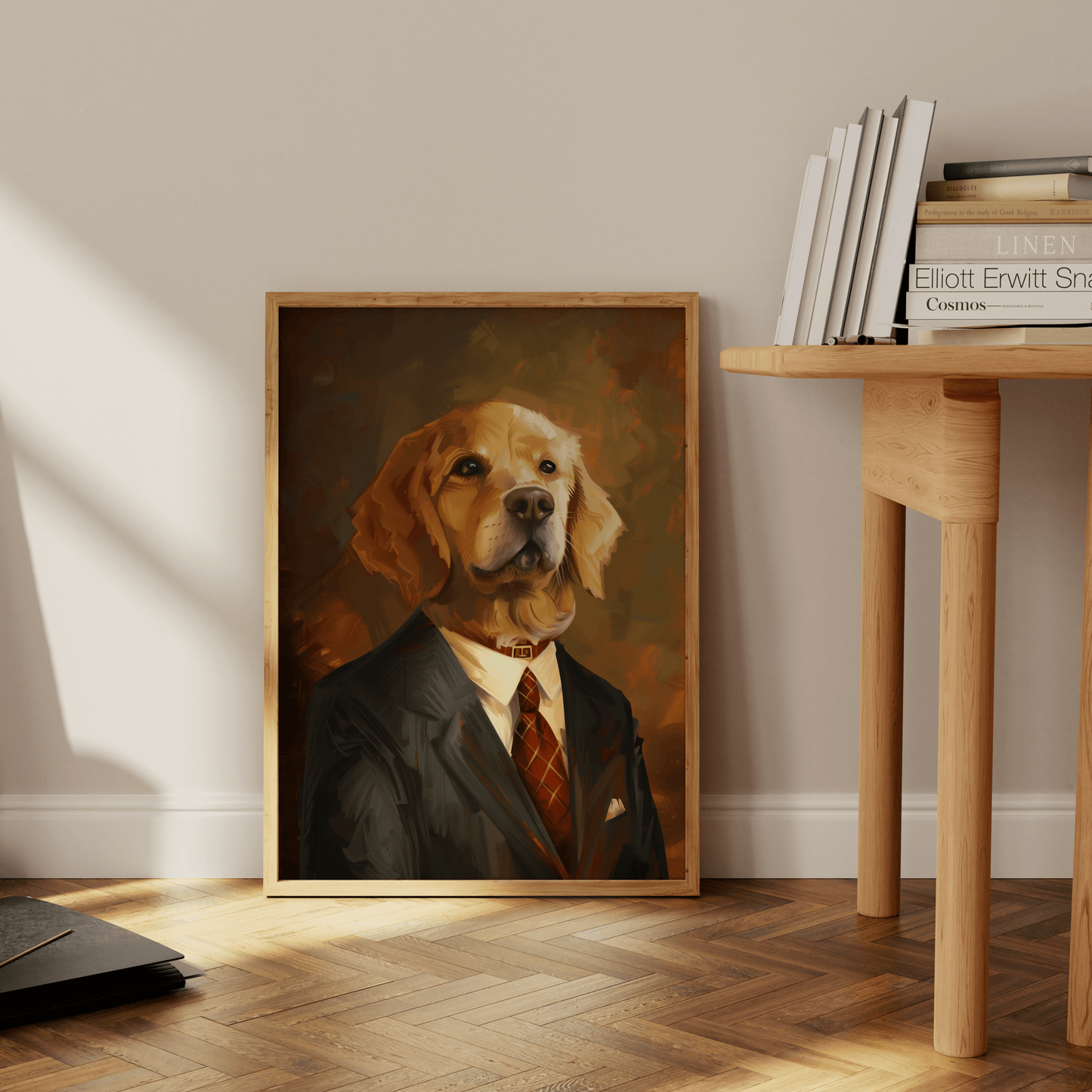 Painting of a golden retriever wearing a suit and tie, leaning against the office wall - Paw Prints