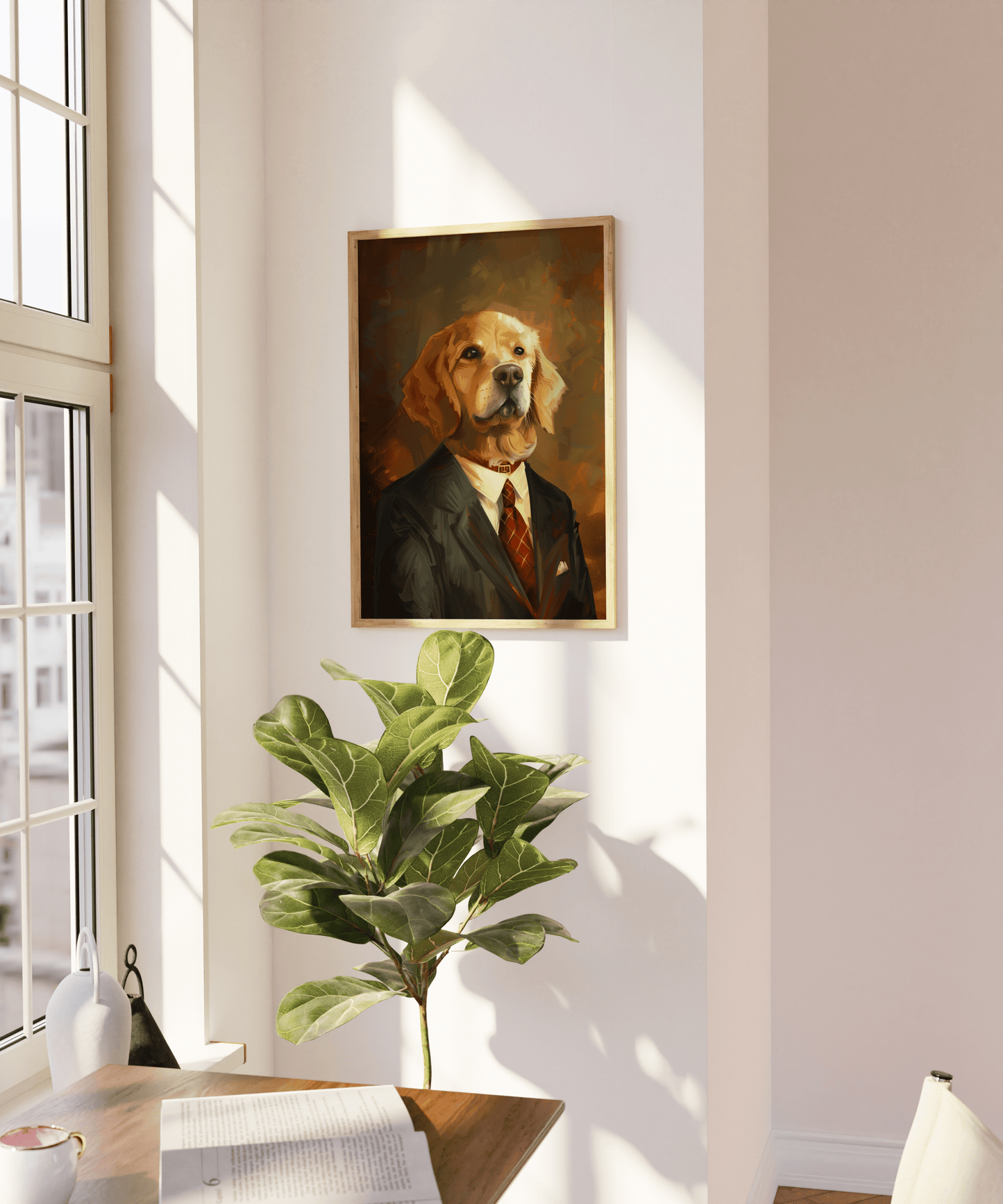 Painting of a golden retriever wearing a suit and tie, on a blank wall - Paw Prints