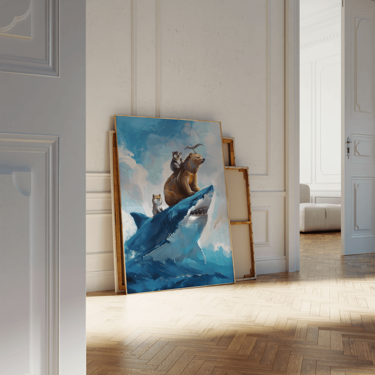 Painting of two bears, shiba inu, and a seagull riding on top of a great white shark, leaning against a white bathroom wall- Paw Prints