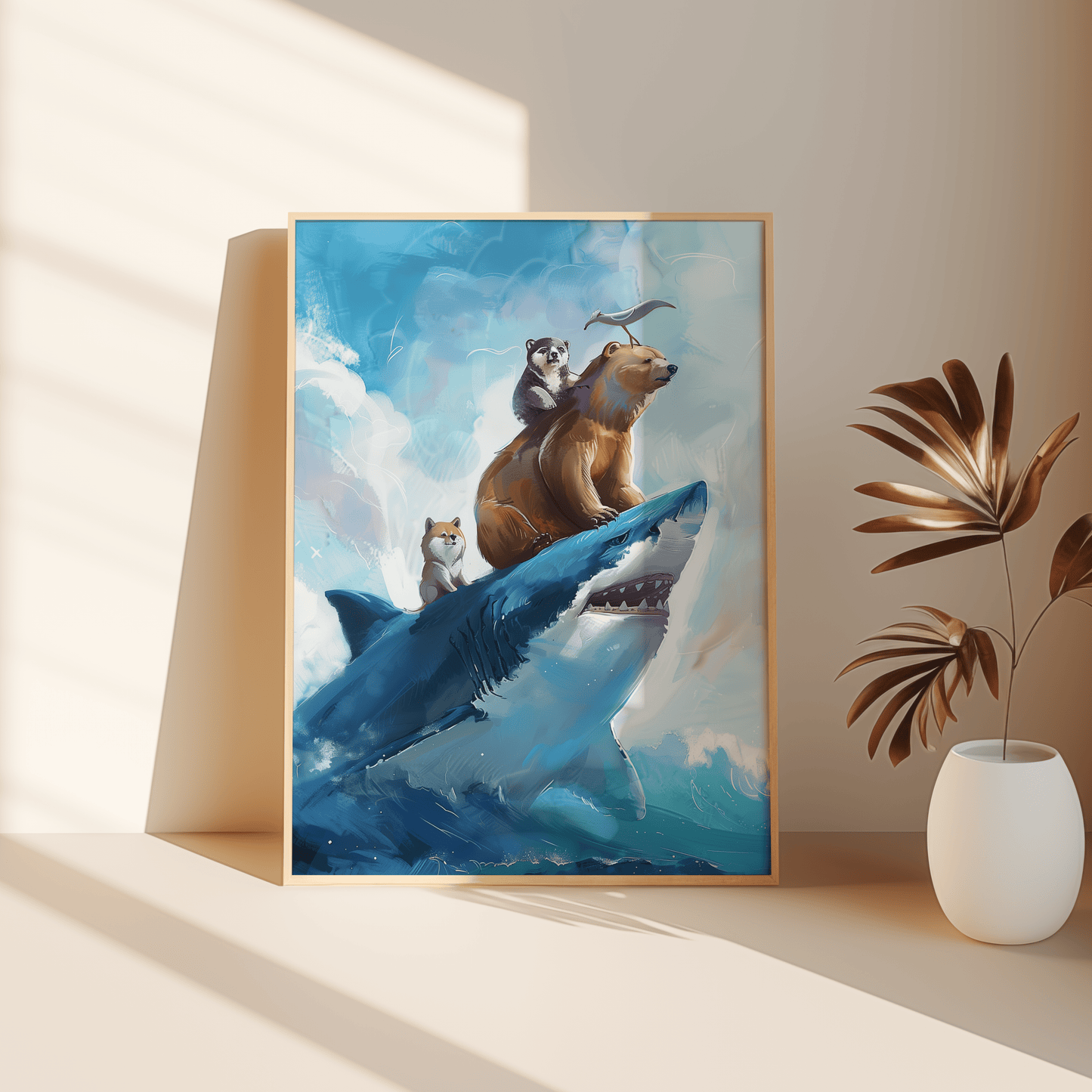 Painting of two bears, shiba inu, and a seagull riding on top of a great white shark, leaning against the bedroom floor- Paw Prints
