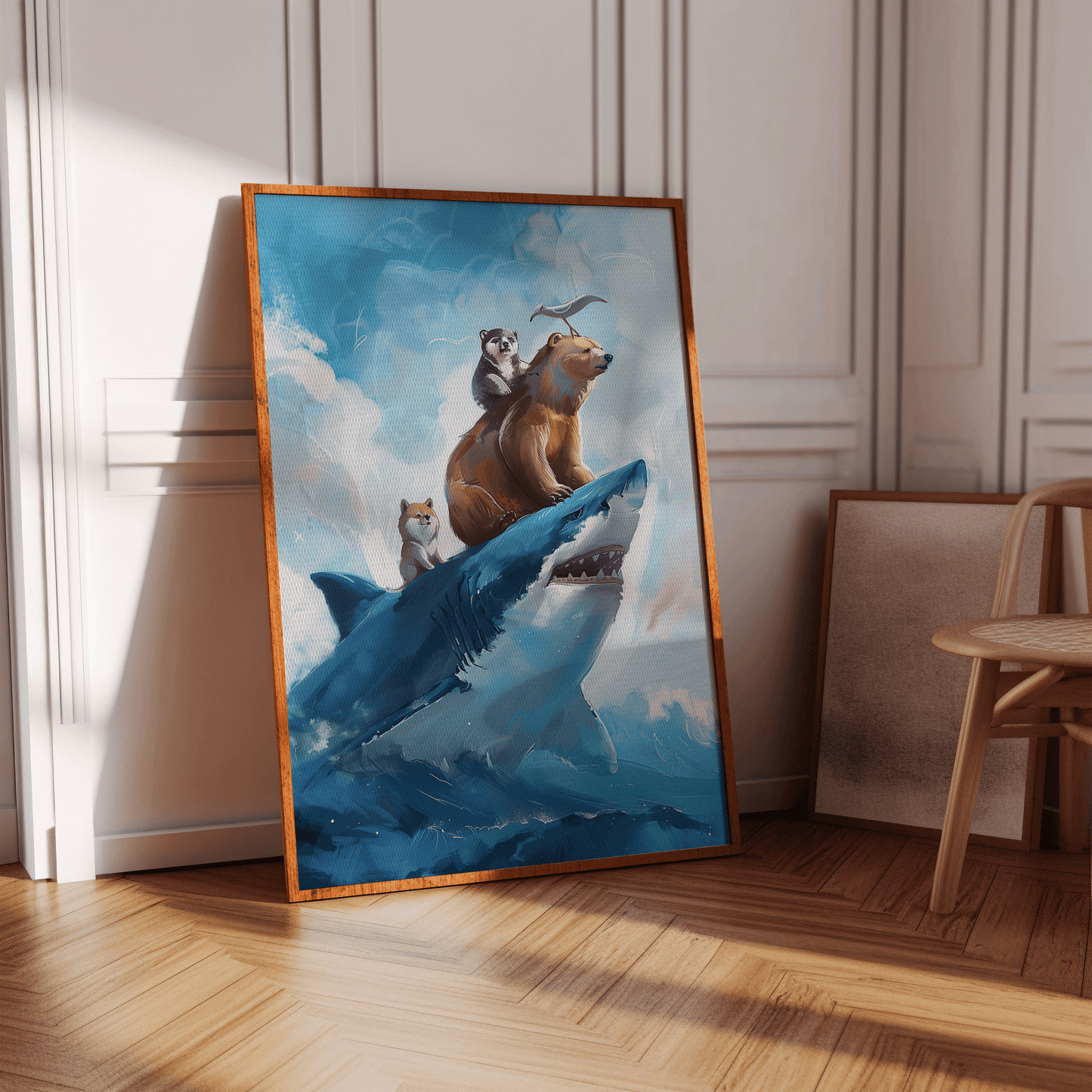 Painting of two bears, shiba inu, and a seagull riding on top of a great white shark, in a hallway - Paw Prints