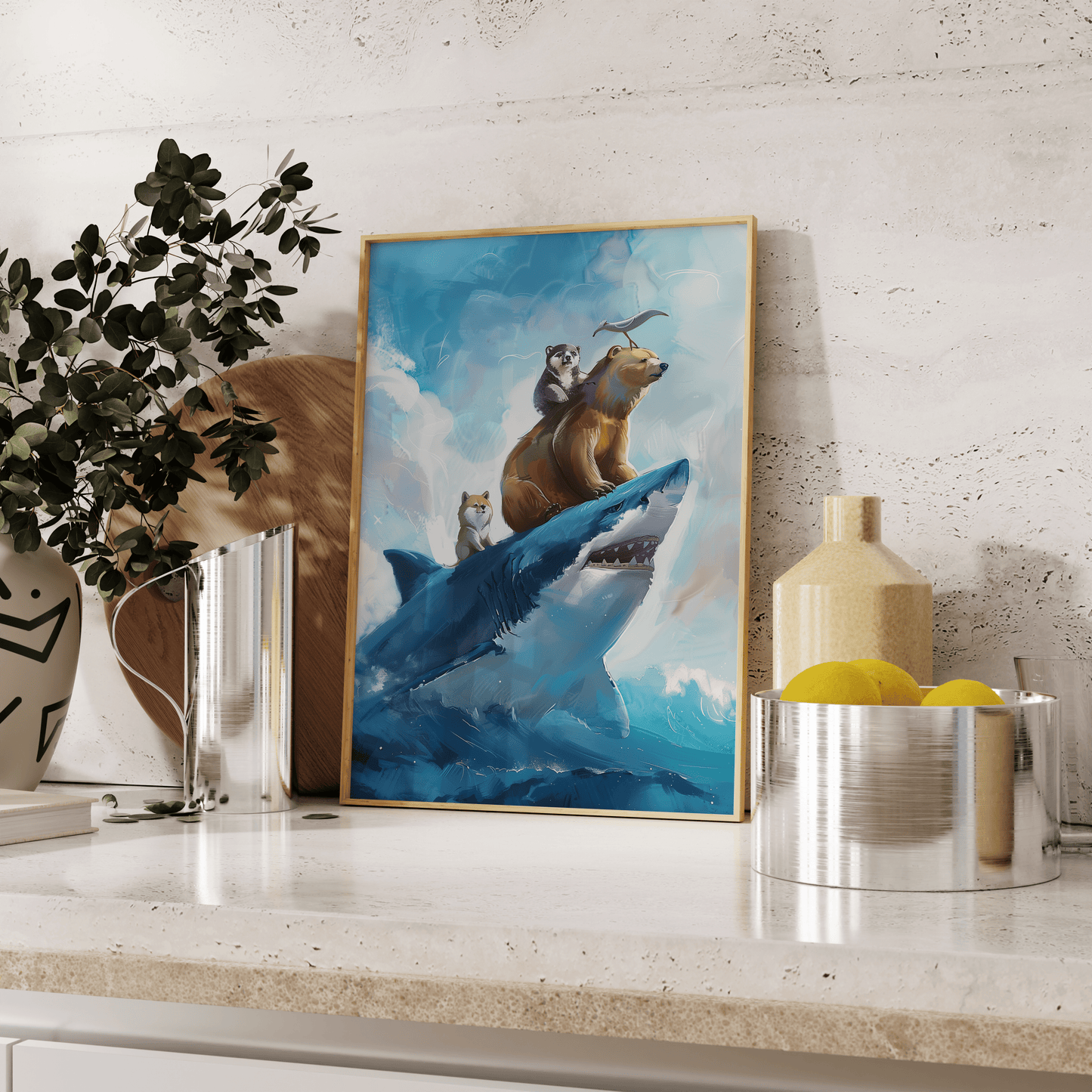Painting of two bears, shiba inu, and a seagull riding on top of a great white shark, leaning against the kitchen counter- Paw Prints
