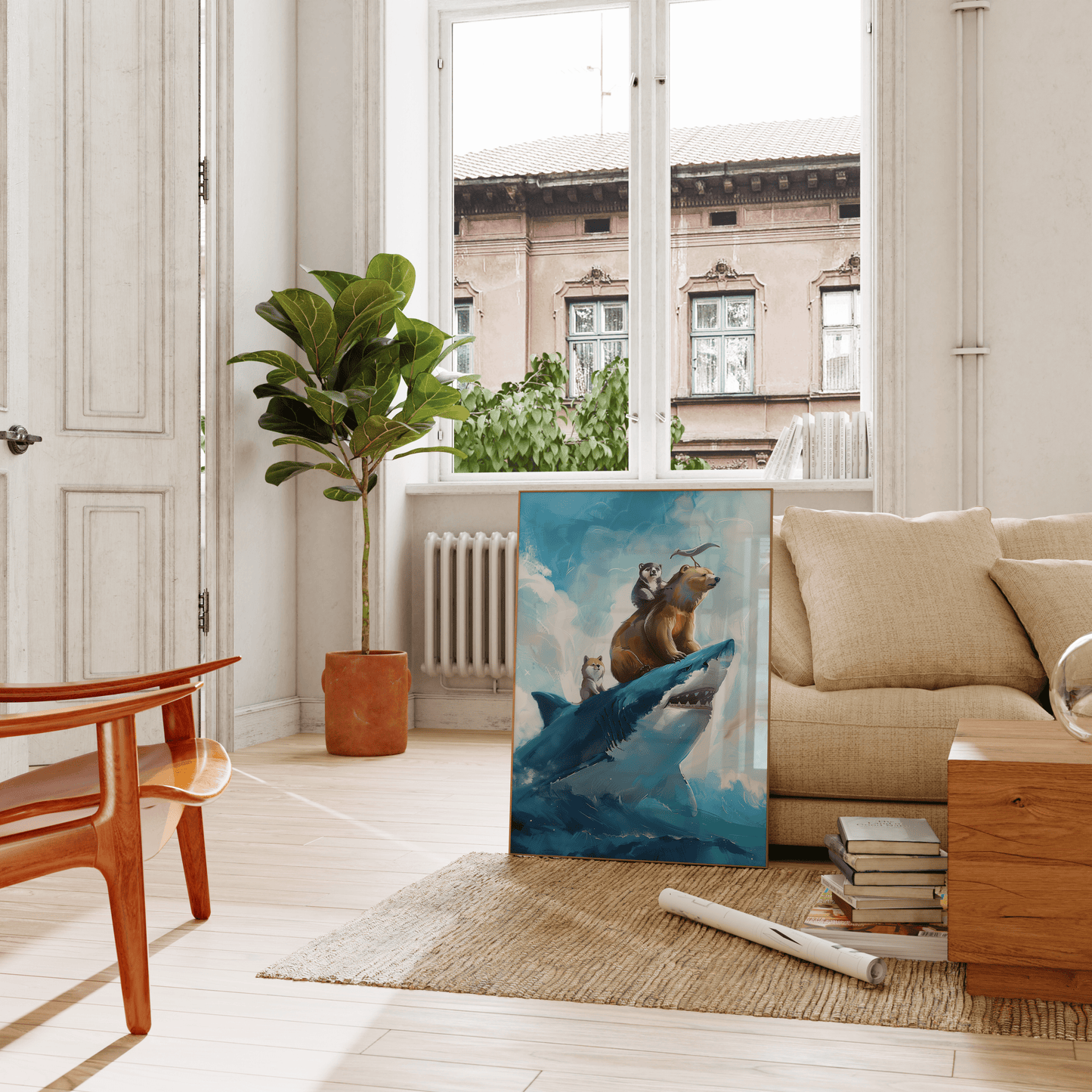 Painting of two bears, shiba inu, and a seagull riding on top of a great white shark, leaning against the living room couch- Paw Prints