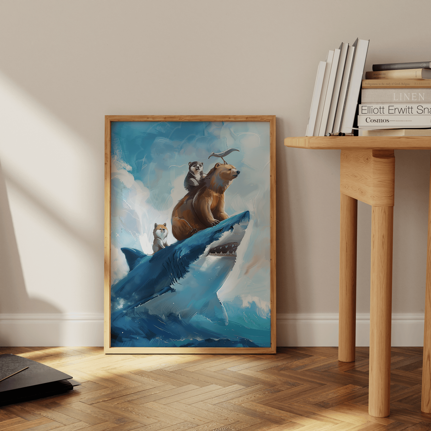 Painting of two bears, shiba inu, and a seagull riding on top of a great white shark, leaning against the office wall- Paw Prints