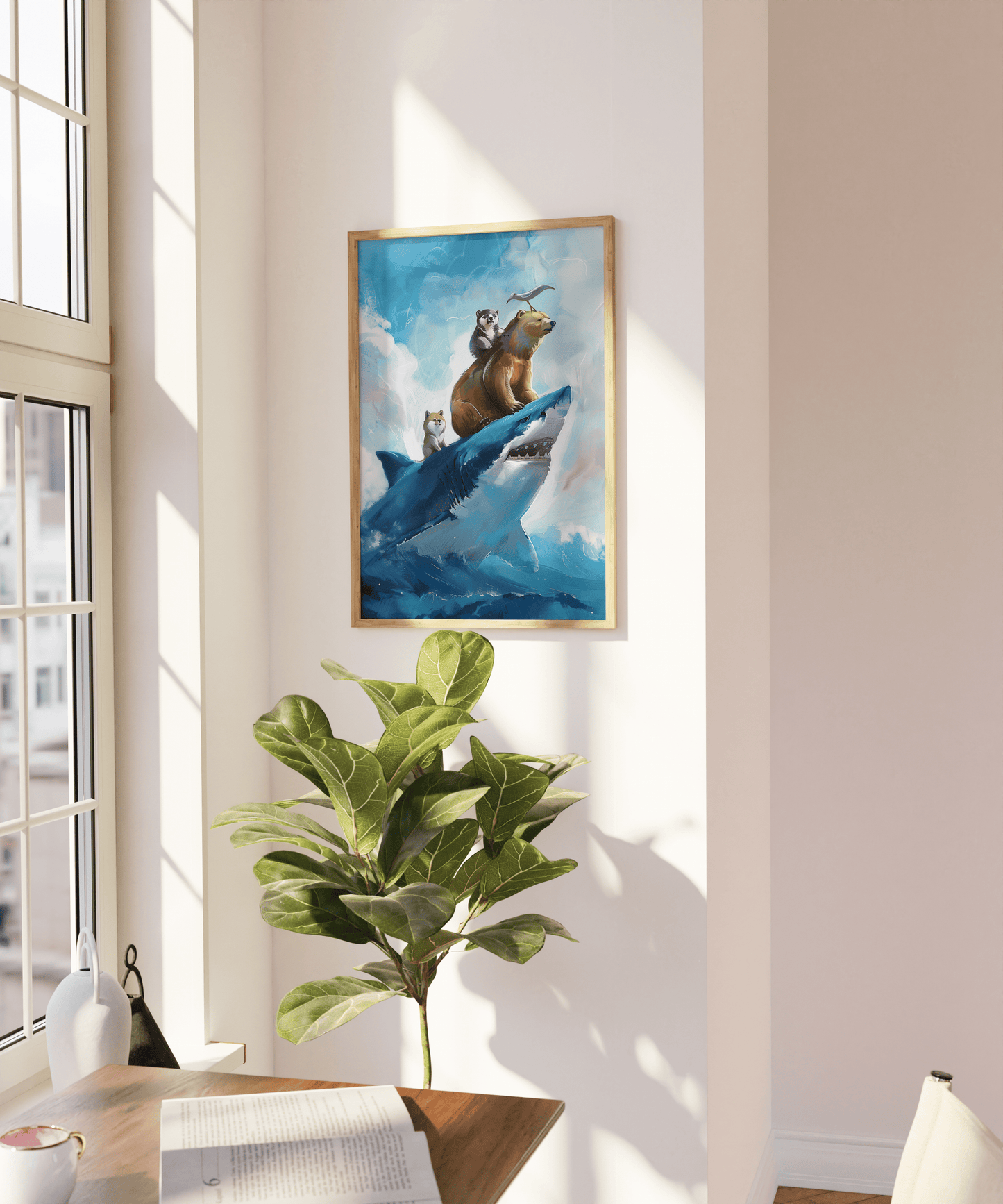 Painting of two bears, shiba inu, and a seagull riding on top of a great white shark, on a blank wall- Paw Prints