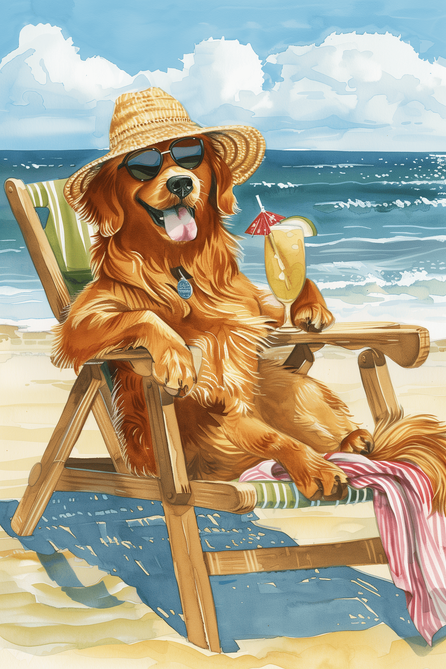 Painting of a Golden Retriever sunbathing at the beach with a cocktail in hand - Paw Prints
