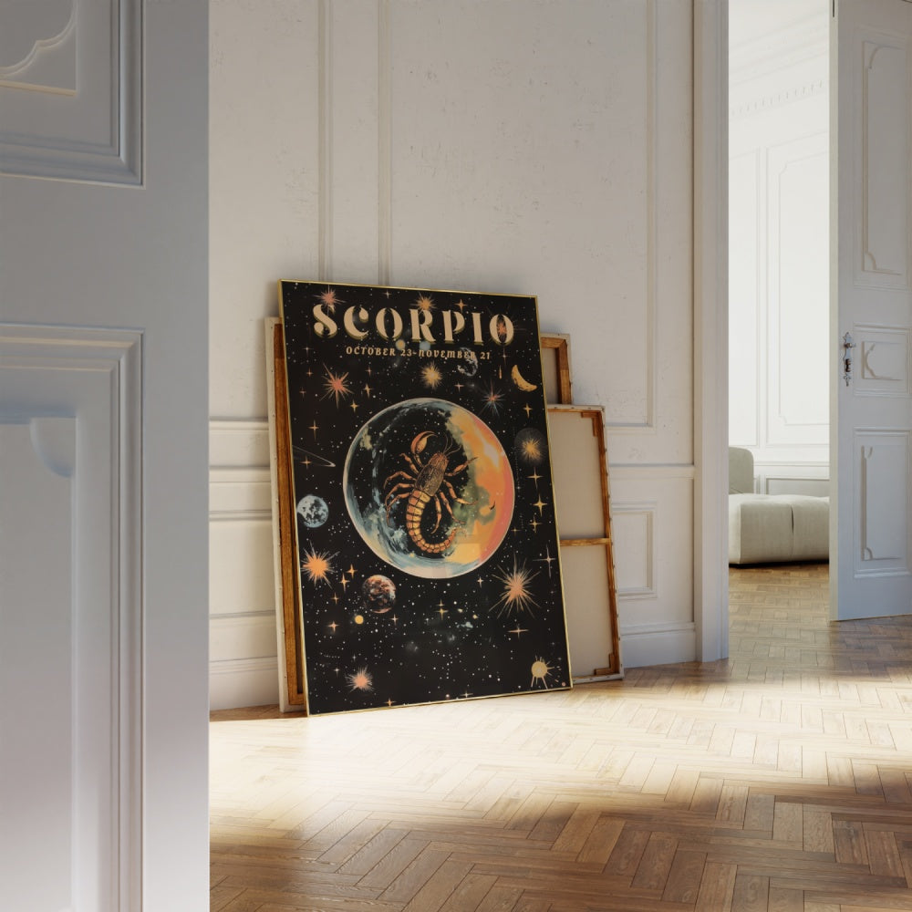 "Scorpio", a vintage astrology poster, featuring a black scorpion inside of a bubble in the shiny stars of the universe