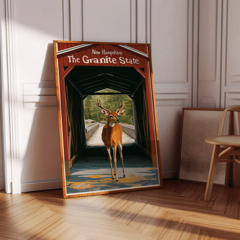 "New Hampshire", a vintage travel poster, featuring a white-tail deer in front of a covered bridge