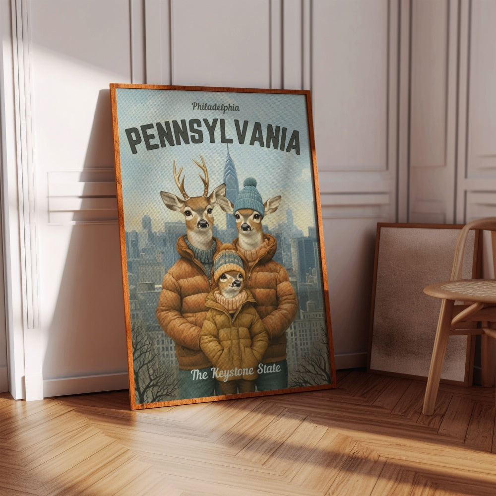 A vintage travel poster of a white-tail deer family of three taking a family photo in-front of the city of Philadelphia.