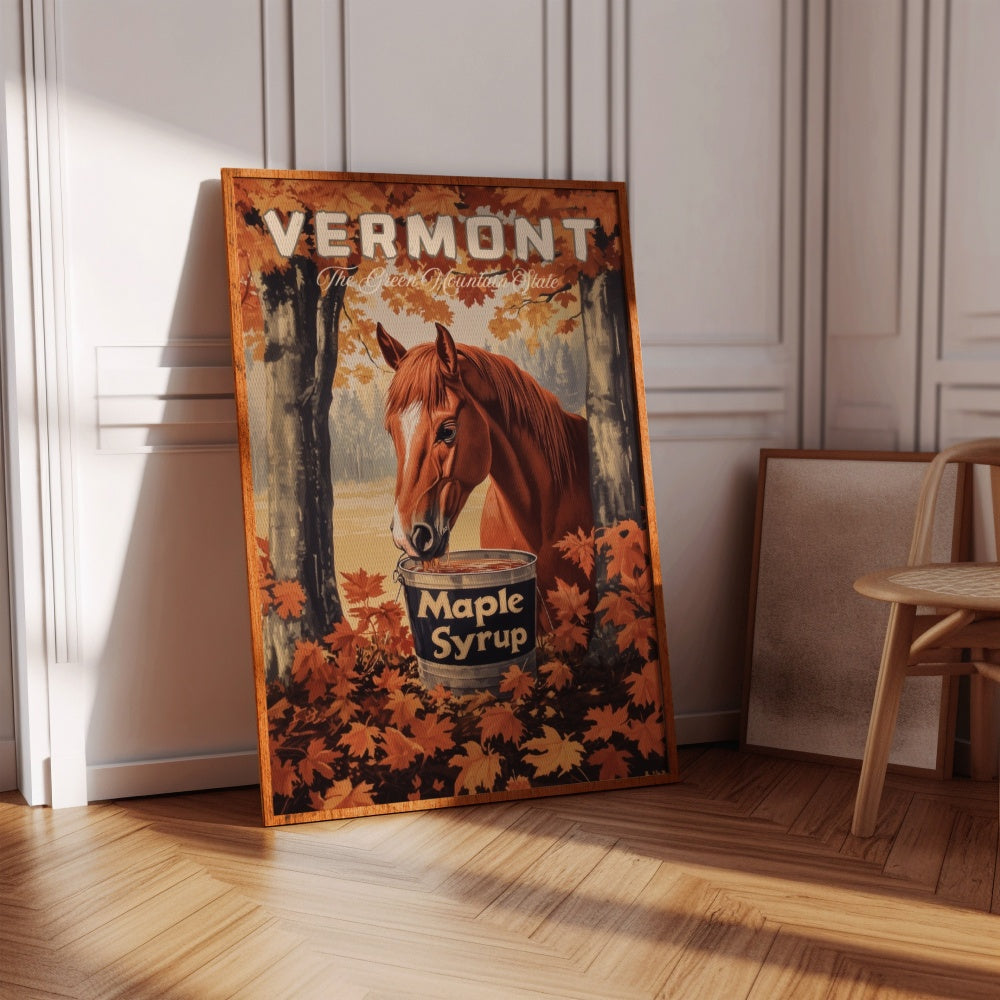 "Vermont", a vintage travel poster, featuring a Morgan Horse drinking maple syrup out of a bucket in the fall forests of Vermont
