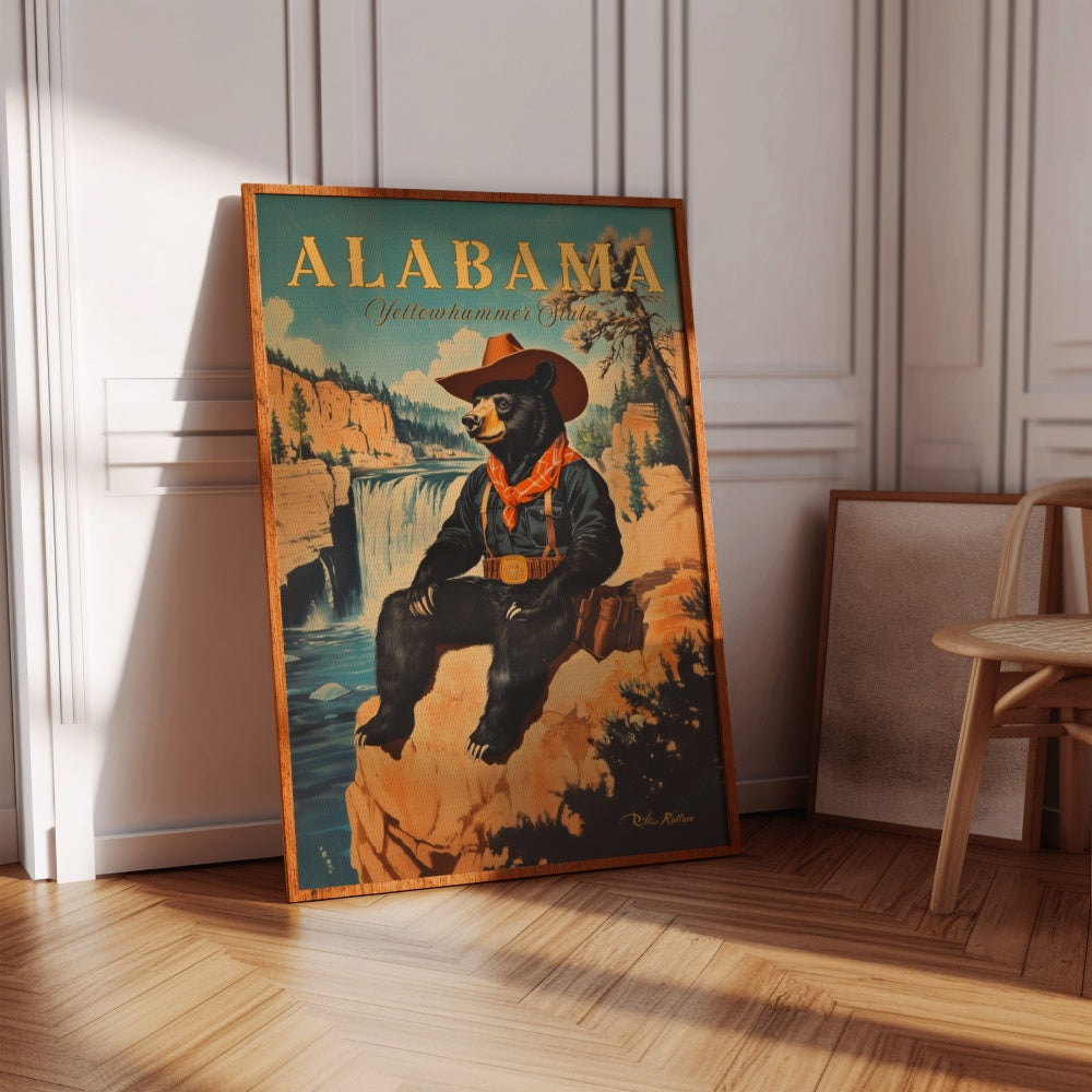 "Alabama", a vintage travel poster, featuring a country black bear wearing a cowboy outfit and hat sitting next to the little river canyon national preserve.