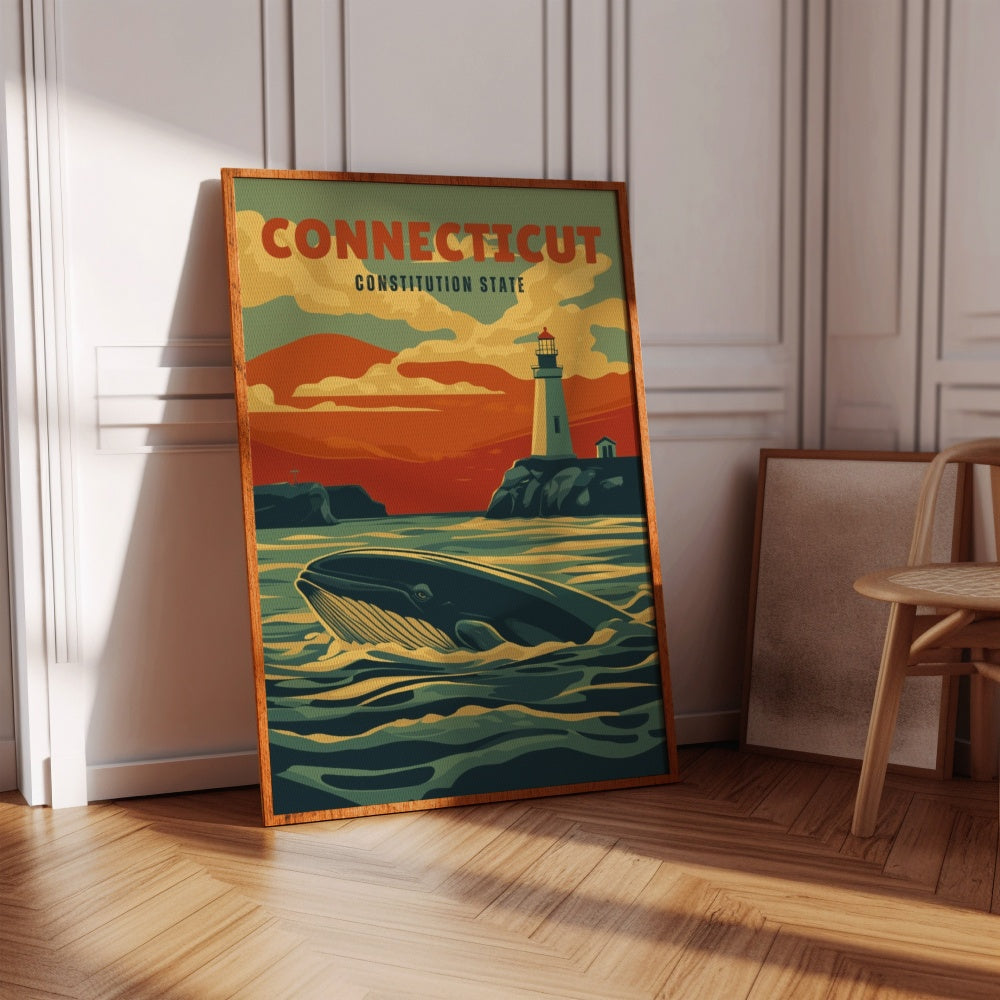 "Connecticut", a vintage travel poster, featuring a Sperm Whale swimming by the ports of the Connecticut river.