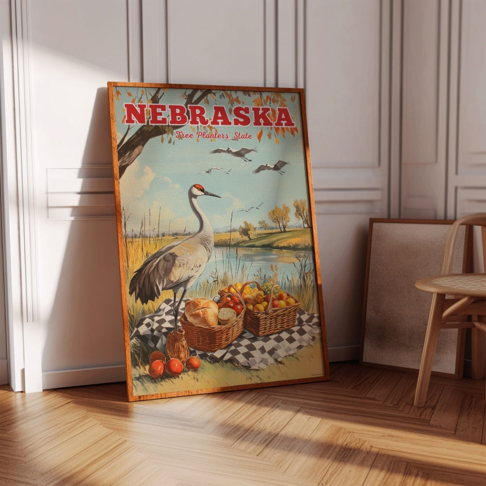 "Nebraska", a vintage travel poster, featuring a Sandhill Crane having a picnic in autumn Nebraska by a lake