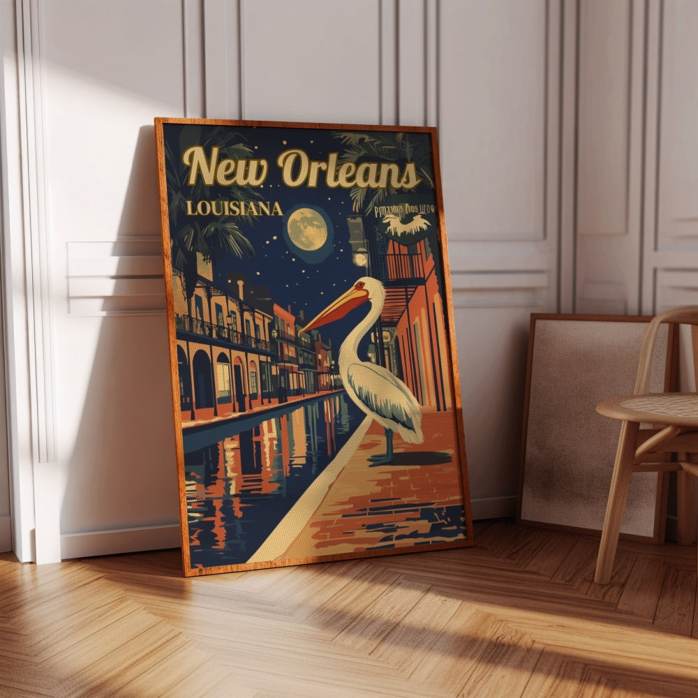 "New Orleans", a vintage travel poster, featuring a pelican standing on the streets of the French Quarter in New Orleans