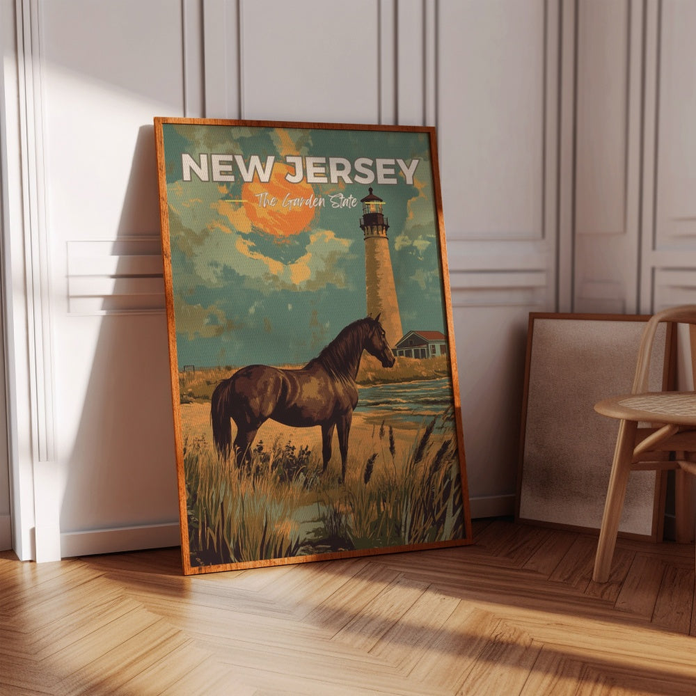 A vintage travel poster of New Jersey, featuring a horse standing on the shores of New Jersey