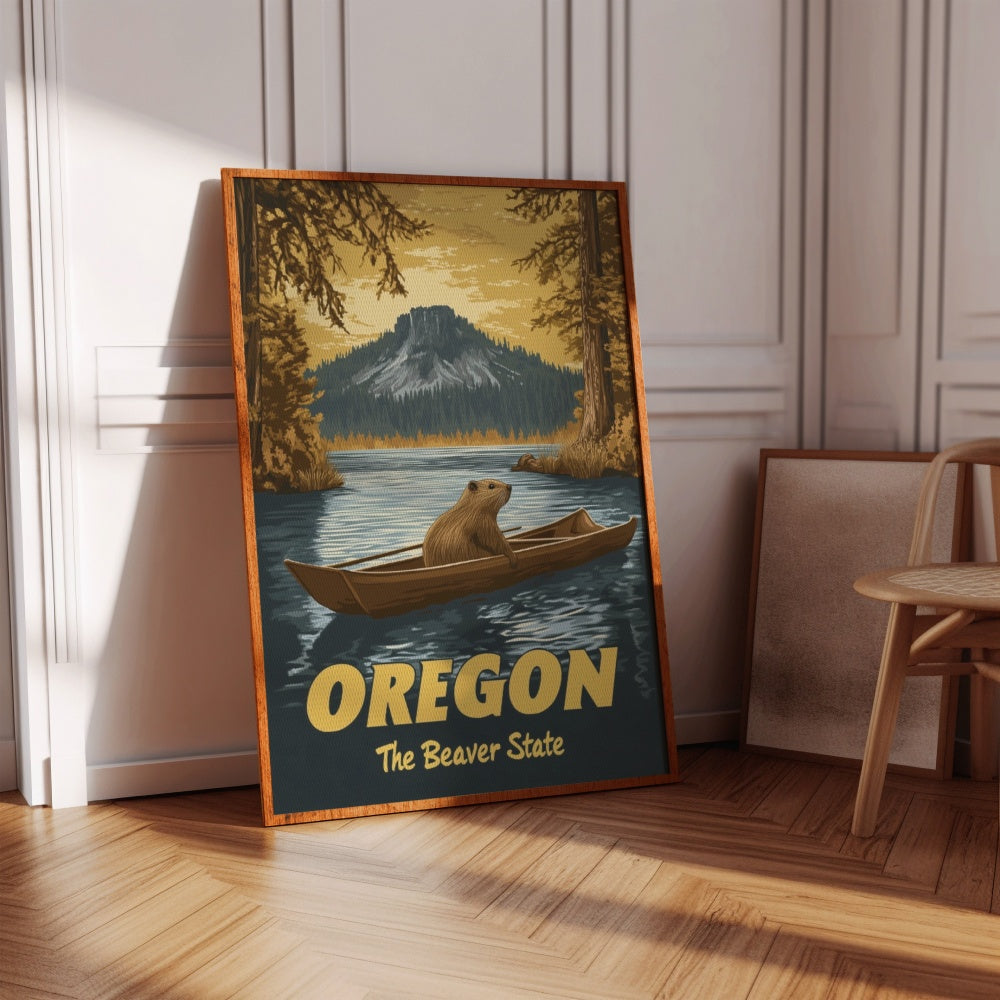 "Oregon", a vintage travel poster, featuring a beaver inside of a rowboat in the lakes of the Crater Lake National Park in Oregon
